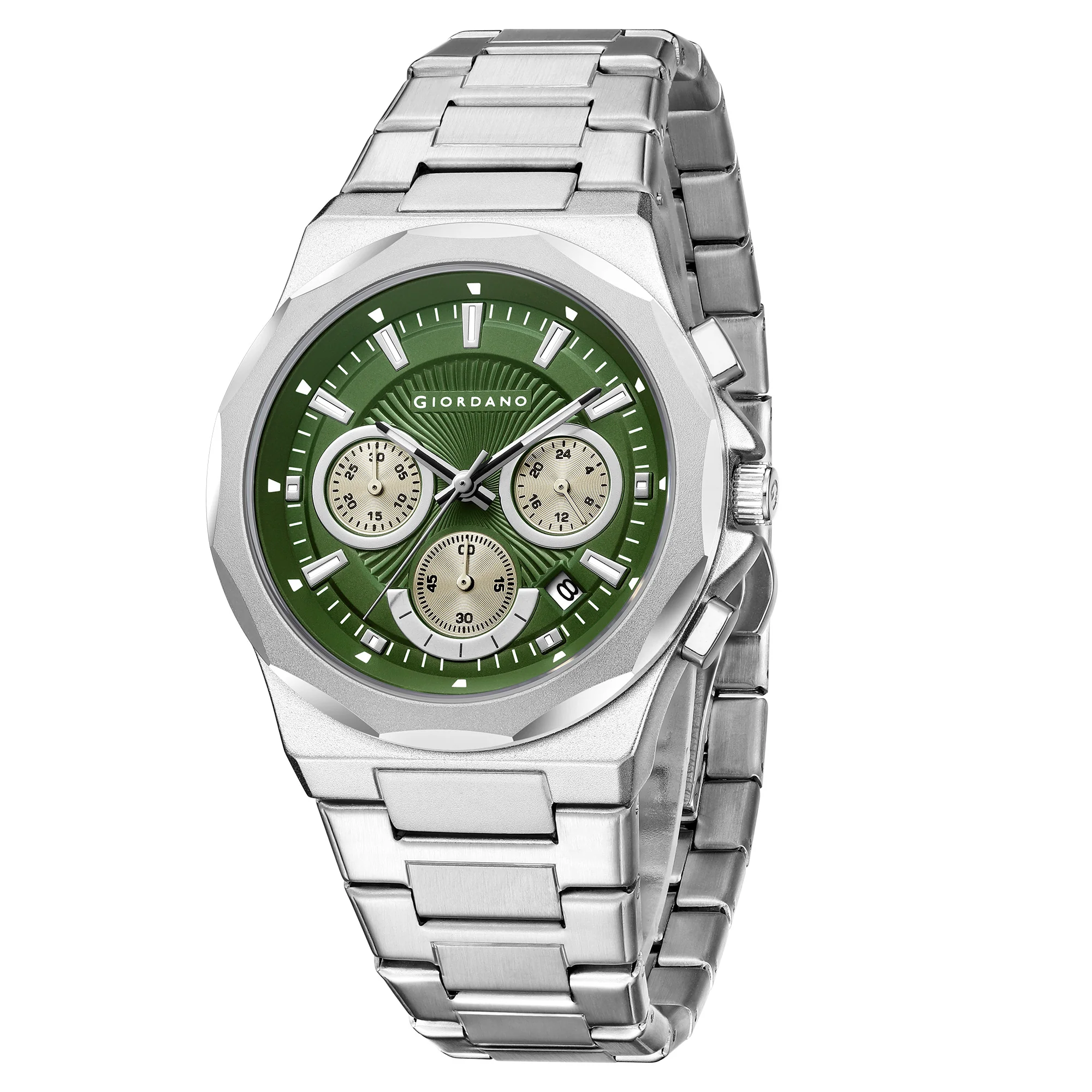 Giordano Chronograph Analog Quartz Watch for Men with Textured Round Green Dial, Date Function, Luminous Hands and Markers, Silver Stainless Steel Strap - GZ-50199-33 - Image 5