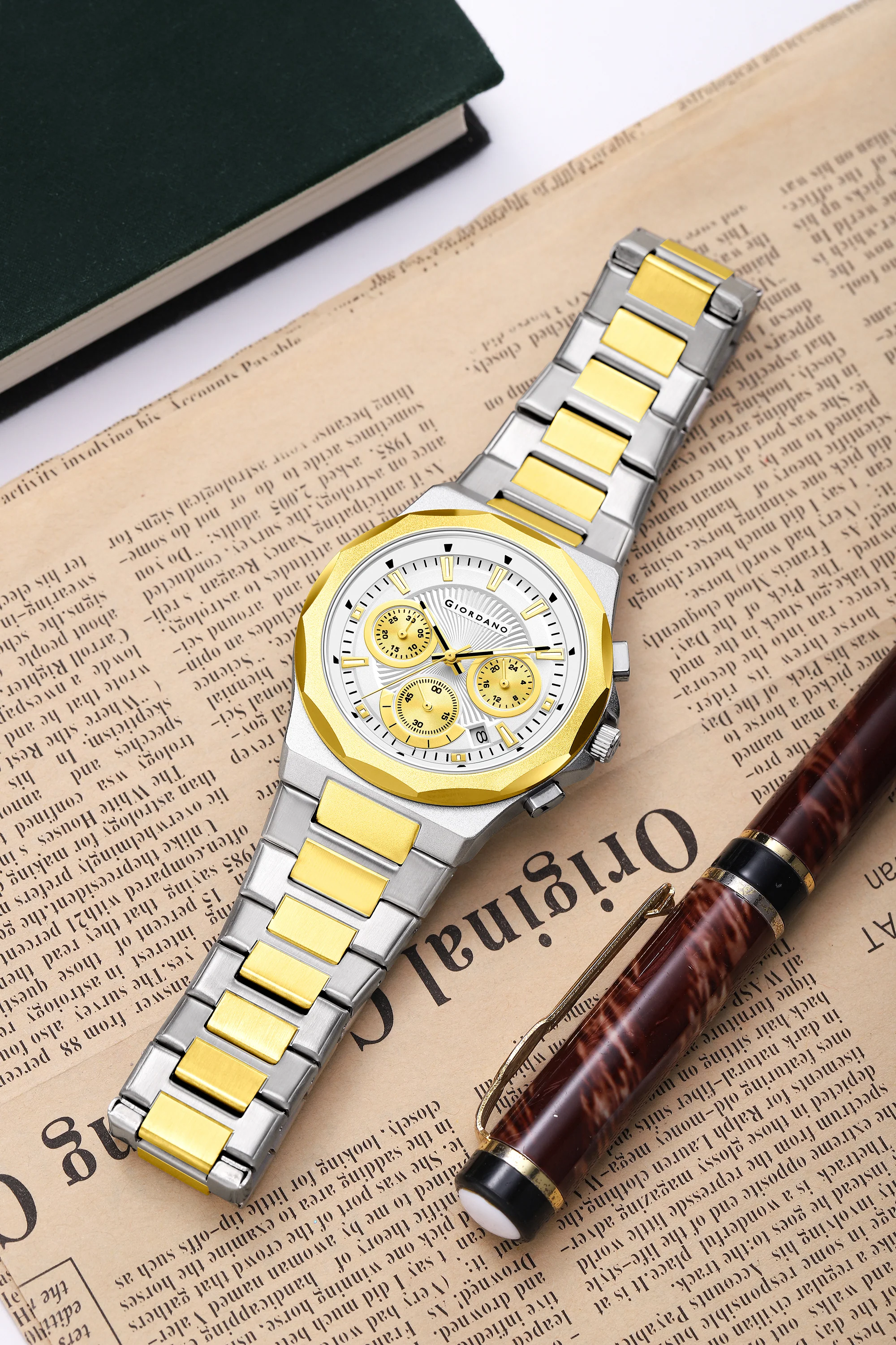 Giordano Chronograph Analog Quartz Watch for Men with Textured Round White Dial, Date Function, Luminous Hands and Markers, Silver and Gold Stainless Steel Strap - GZ-50199-55 - Image 3