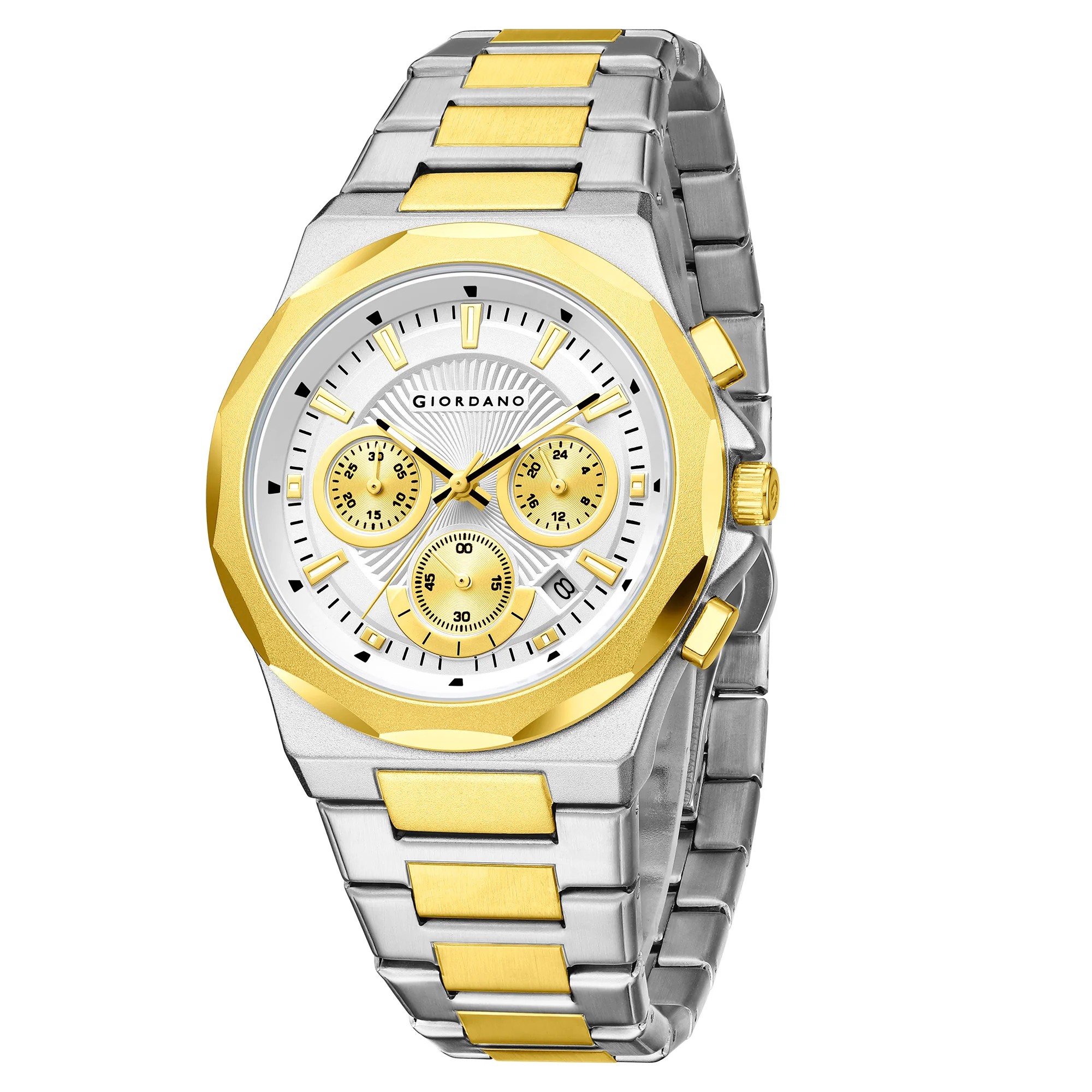 Giordano Chronograph Analog Quartz Watch for Men with Textured Round White Dial, Date Function, Luminous Hands and Markers, Silver and Gold Stainless Steel Strap - GZ-50199-55 - Image 5