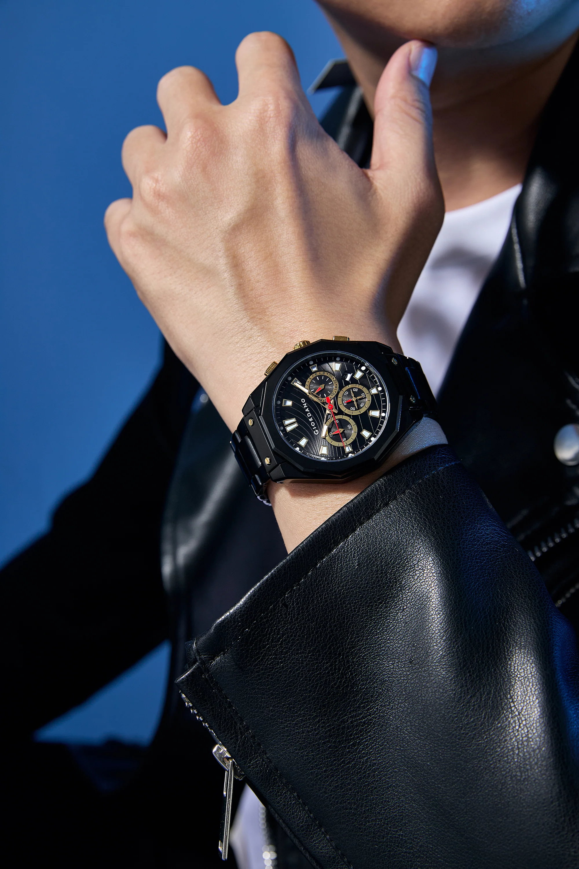Giordano Chronograph Analog Quartz Watch for Men with Texured Round Black Dial, Octgonal case, Date Function, Luminous Hands and Hour Markers, Black Stainless Steel Strap - GZ-50201-11 - Image 2