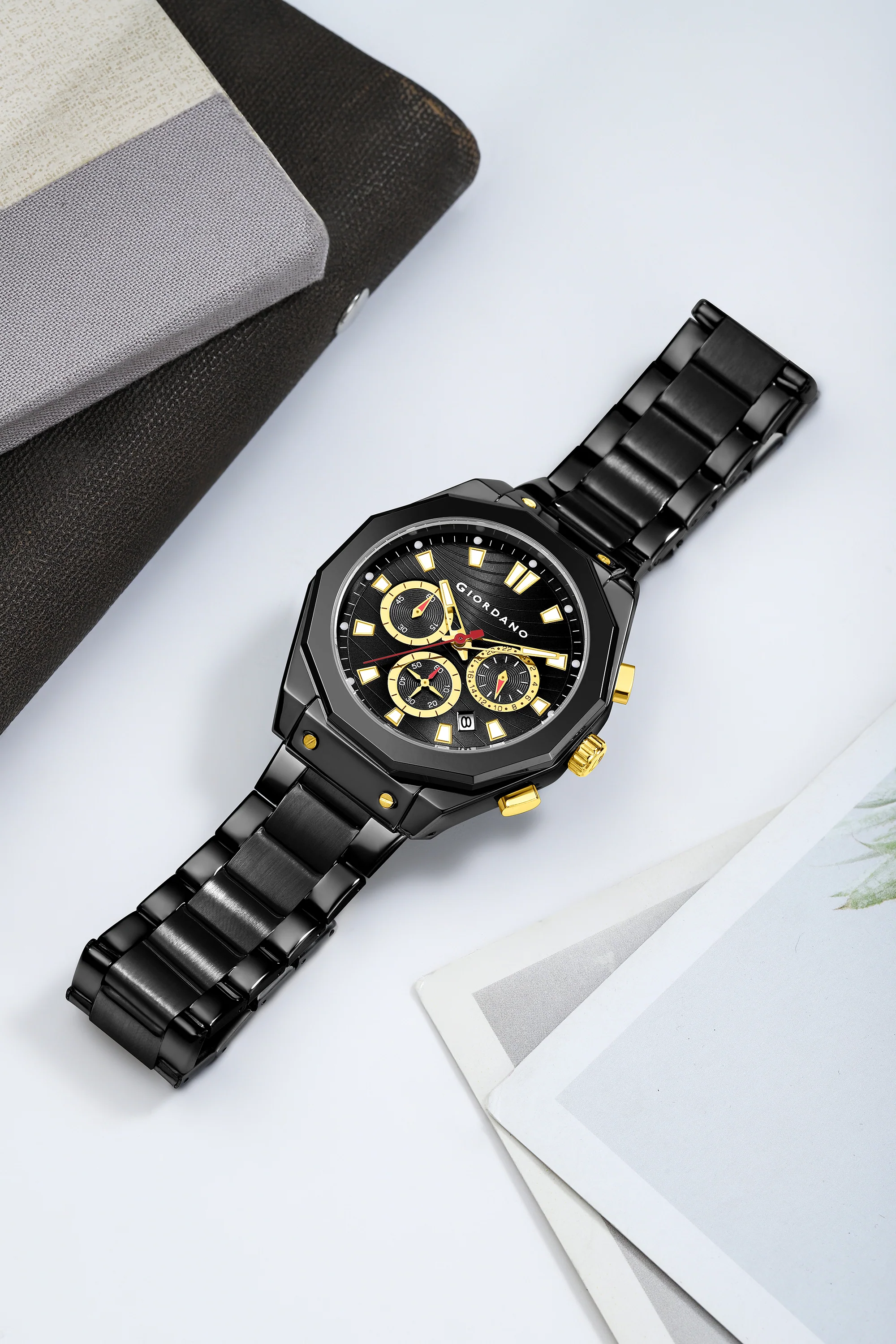 Giordano Chronograph Analog Quartz Watch for Men with Texured Round Black Dial, Octgonal case, Date Function, Luminous Hands and Hour Markers, Black Stainless Steel Strap - GZ-50201-11 - Image 3
