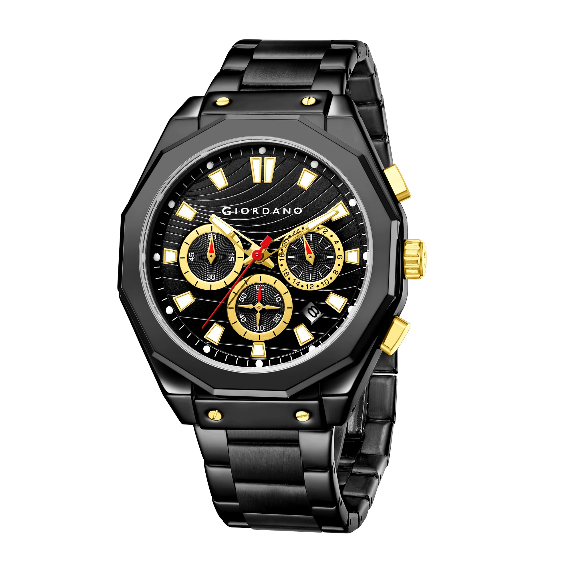 Giordano Chronograph Analog Quartz Watch for Men with Texured Round Black Dial, Octgonal case, Date Function, Luminous Hands and Hour Markers, Black Stainless Steel Strap - GZ-50201-11 - Image 5