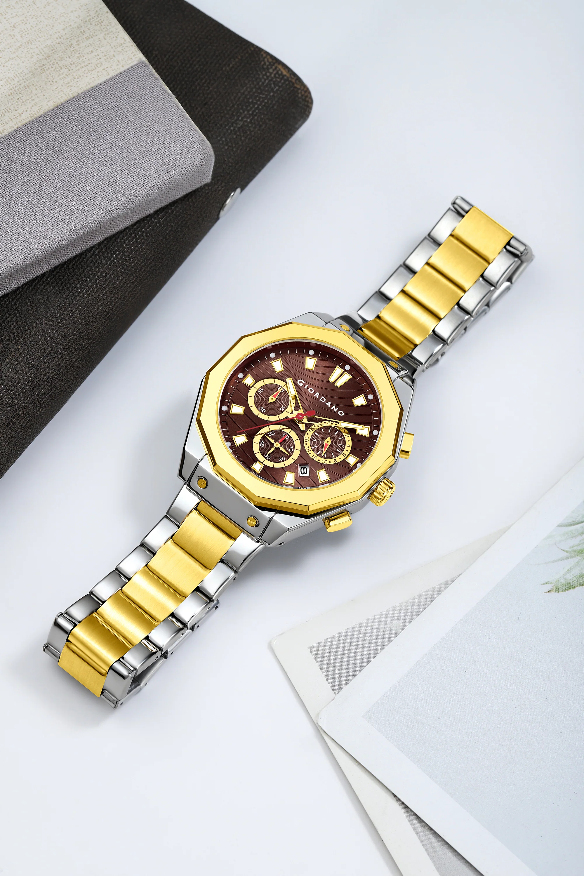 Giordano Chronograph Analog Quartz Watch for Men with Texured Round Brown Dial, Octgonal case, Date Function, Luminous Hands and Hour Markers, Silver and Gold Stainless Steel Strap - GZ-50201-22 - Image 3
