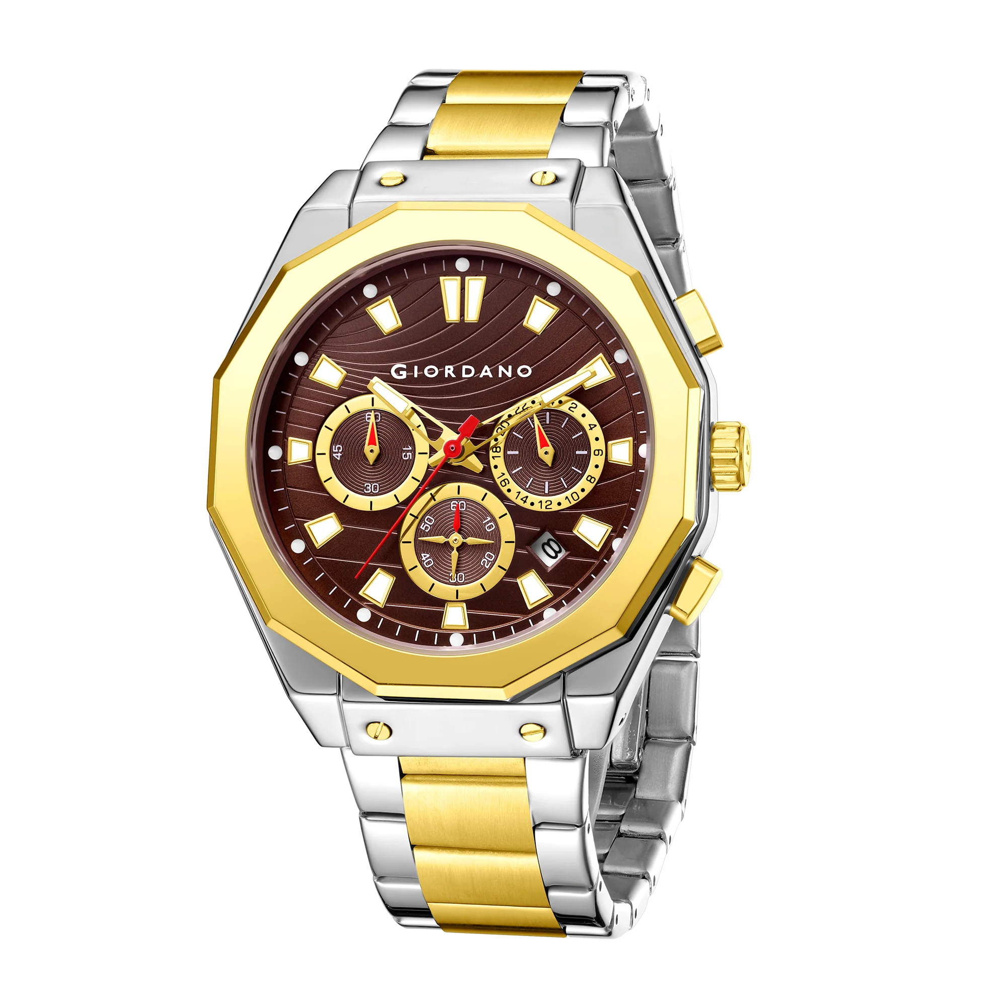 Giordano Chronograph Analog Quartz Watch for Men with Texured Round Brown Dial, Octgonal case, Date Function, Luminous Hands and Hour Markers, Silver and Gold Stainless Steel Strap - GZ-50201-22 - Image 4