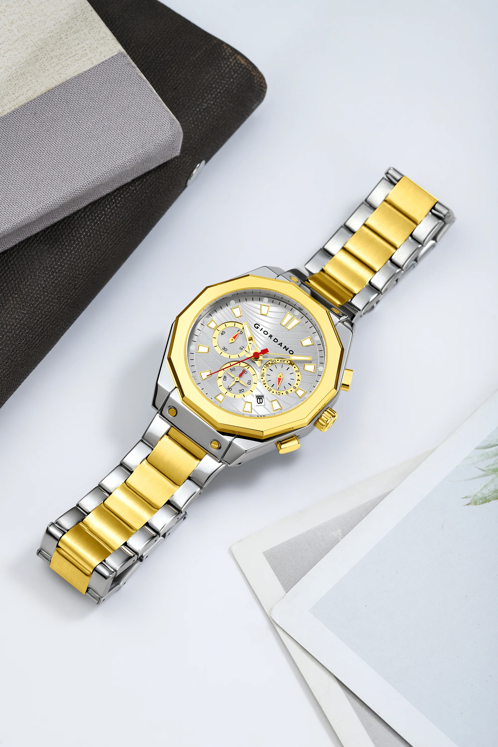 Giordano Chronograph Analog Quartz Watch for Men with Texured Round White Dial, Octgonal case, Date Function, Luminous Hands and Hour Markers, Silver and Gold Stainless Steel Strap - GZ-50201-33 - Image 2