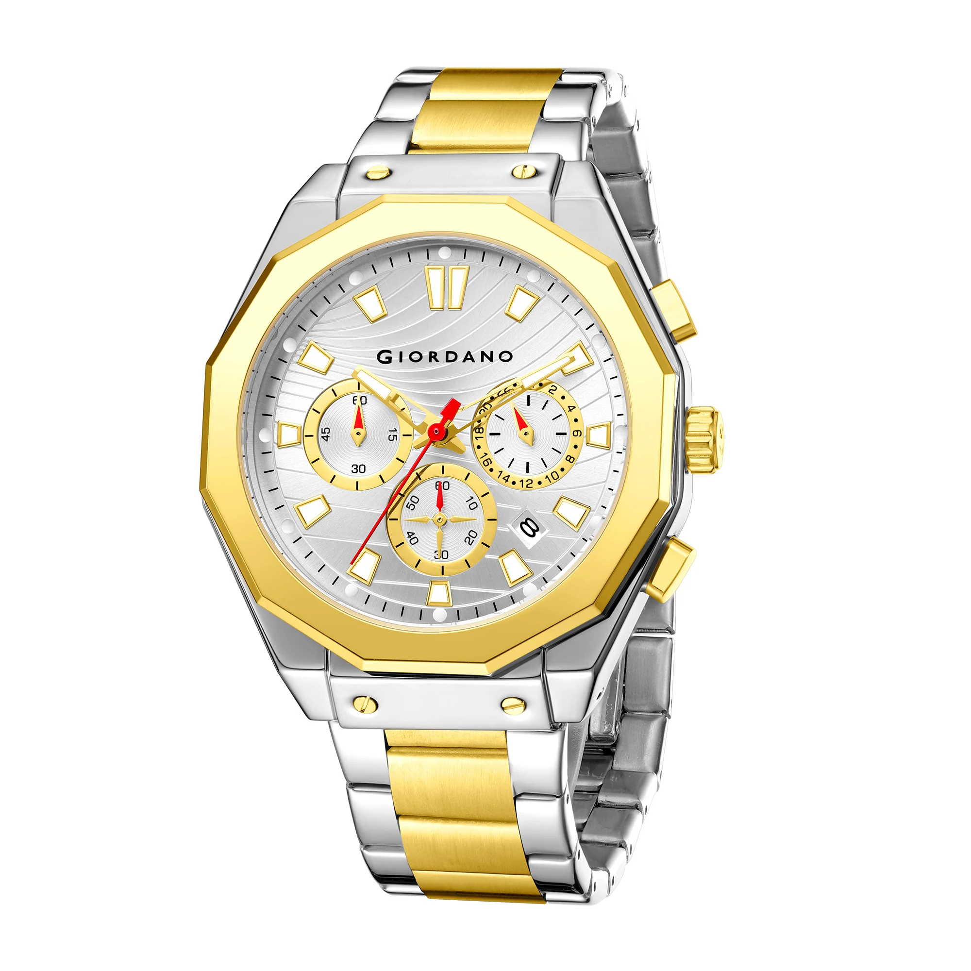 Giordano Chronograph Analog Quartz Watch for Men with Texured Round White Dial, Octgonal case, Date Function, Luminous Hands and Hour Markers, Silver and Gold Stainless Steel Strap - GZ-50201-33 - Image 5