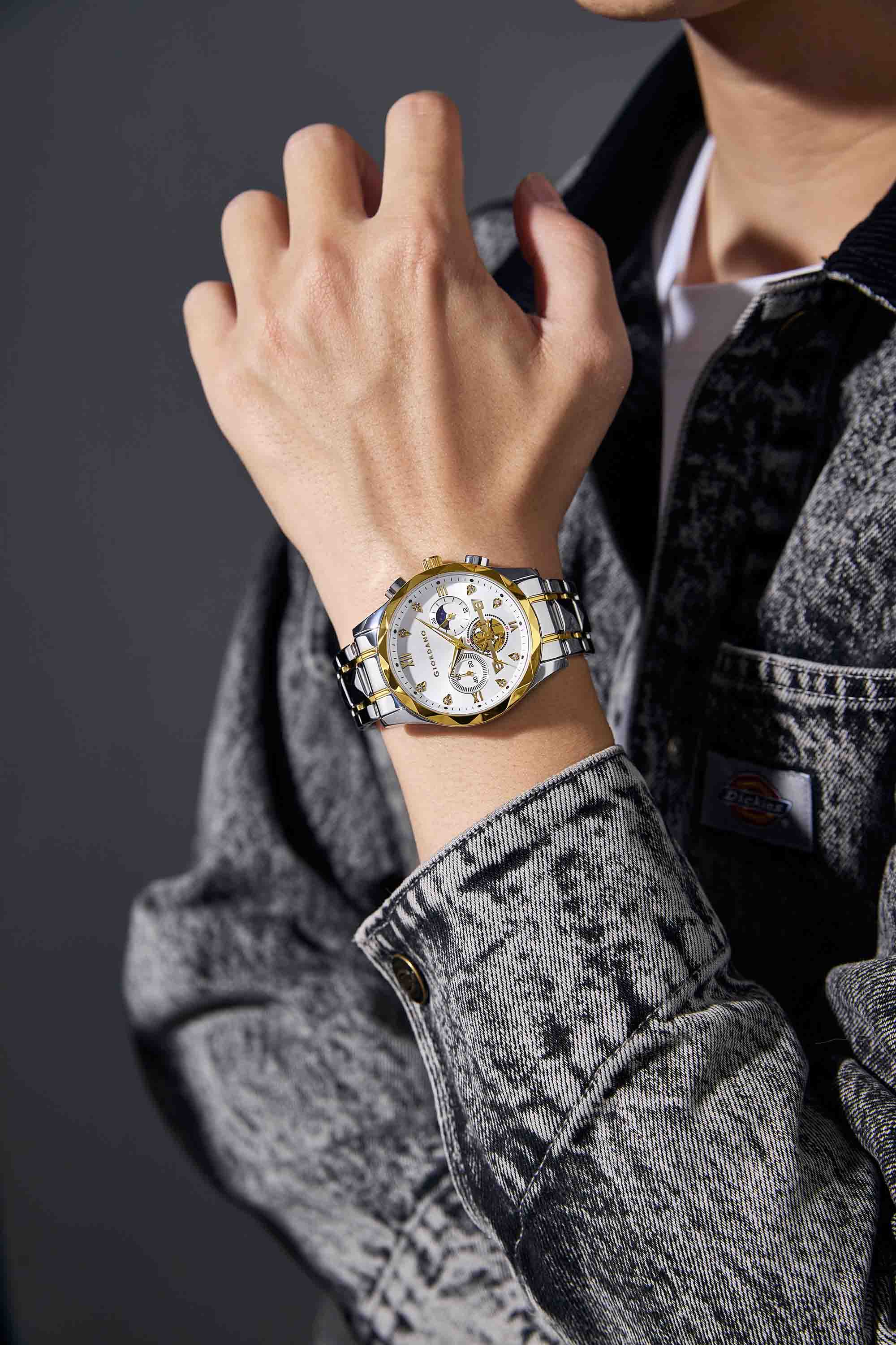 Giordano Chronograph Analog Quartz Watch for Men with White Dial, Multifunction Subdials, Sun Moon Display, Crystal Hour Markers, Roman Numerals, Dual-Tone Stainless Steel Strap - GZ-50236-55 - Image 2
