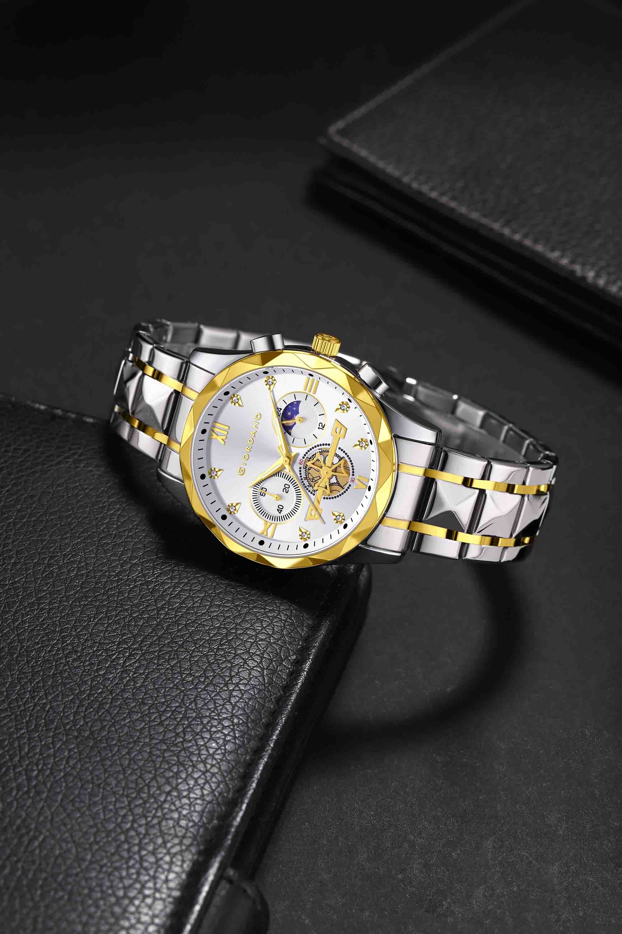 Giordano Chronograph Analog Quartz Watch for Men with White Dial, Multifunction Subdials, Sun Moon Display, Crystal Hour Markers, Roman Numerals, Dual-Tone Stainless Steel Strap - GZ-50236-55 - Image 3