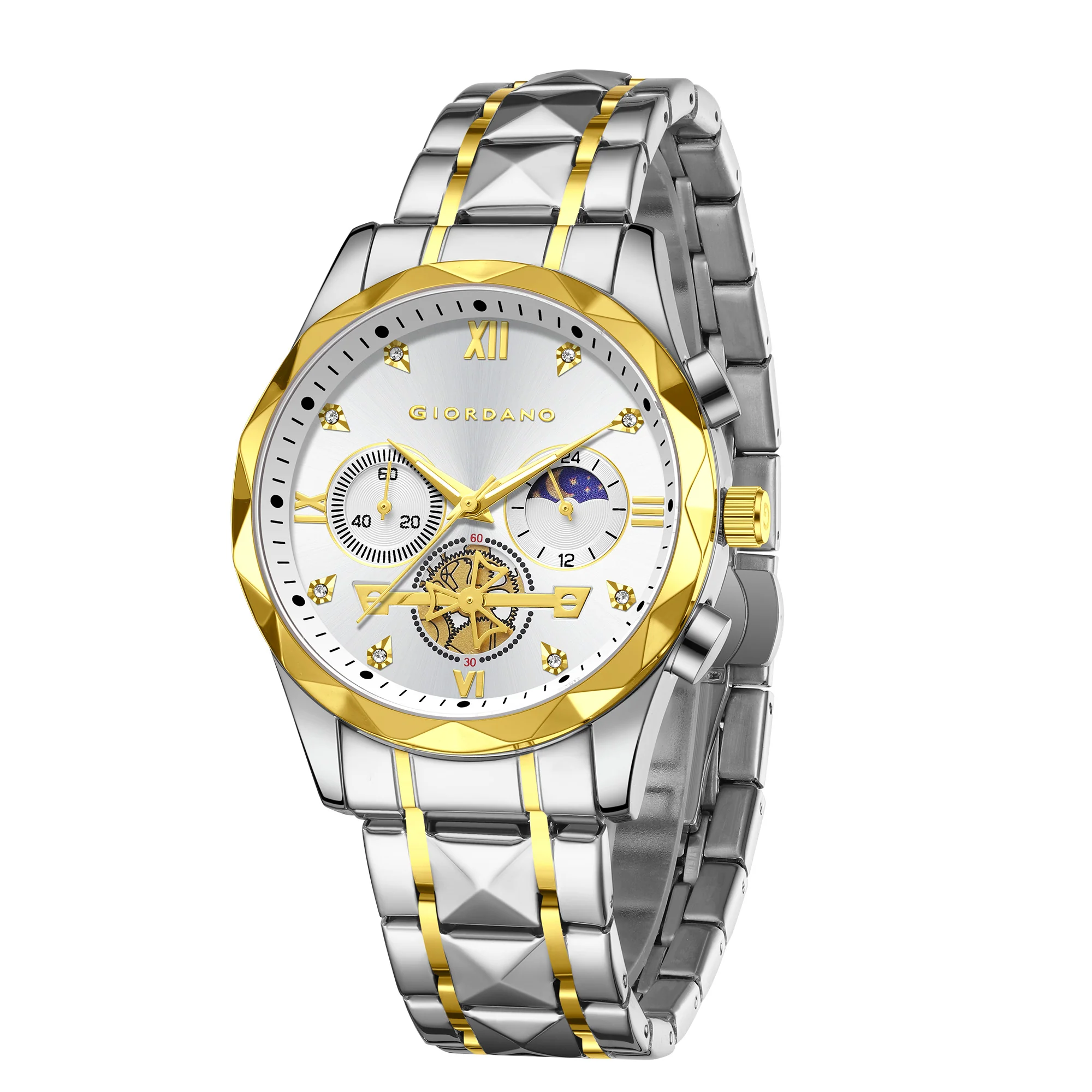 Giordano Chronograph Analog Quartz Watch for Men with White Dial, Multifunction Subdials, Sun Moon Display, Crystal Hour Markers, Roman Numerals, Dual-Tone Stainless Steel Strap - GZ-50236-55 - Image 5