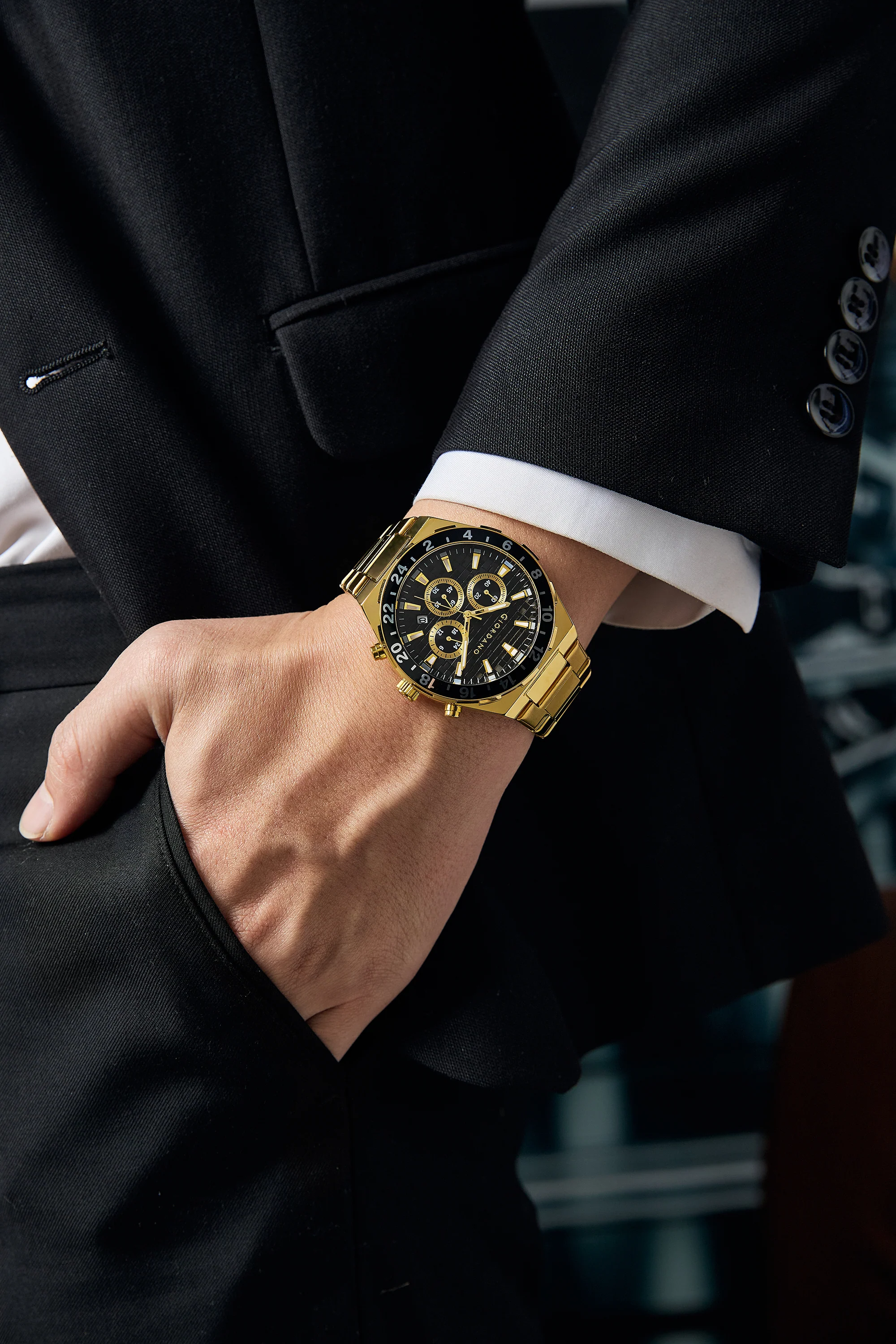 Giordano Chronograph Watch for Men with Texured Round Black Dial with Gold Accents, Date Display and Tachymeter Bezel, Gold Stainless Steel Strap - GZ-50198-44 - Image 2