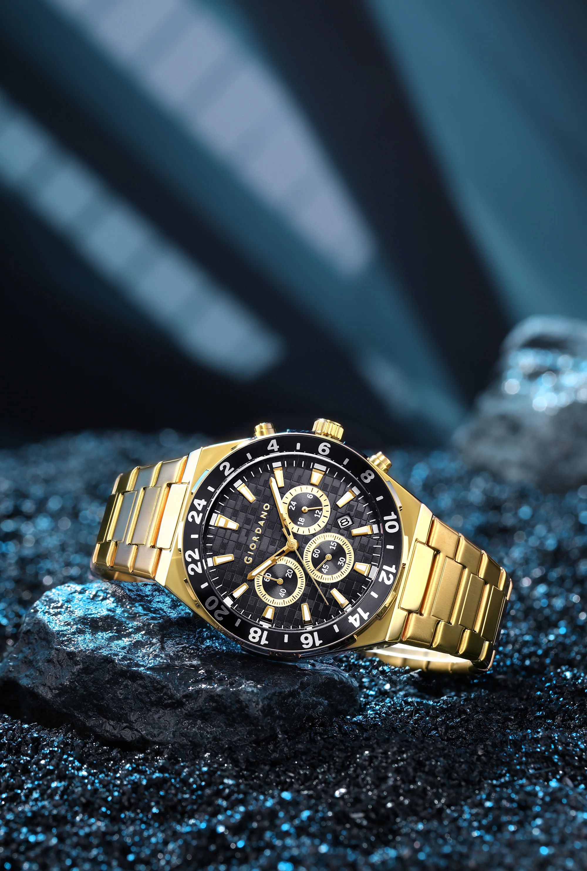 Giordano Chronograph Watch for Men with Texured Round Black Dial with Gold Accents, Date Display and Tachymeter Bezel, Gold Stainless Steel Strap - GZ-50198-44 - Image 3