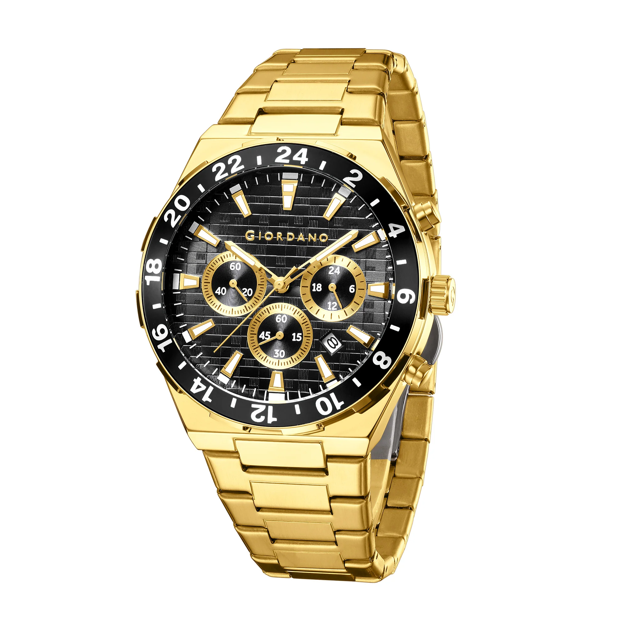 Giordano Chronograph Watch for Men with Texured Round Black Dial with Gold Accents, Date Display and Tachymeter Bezel, Gold Stainless Steel Strap - GZ-50198-44 - Image 4