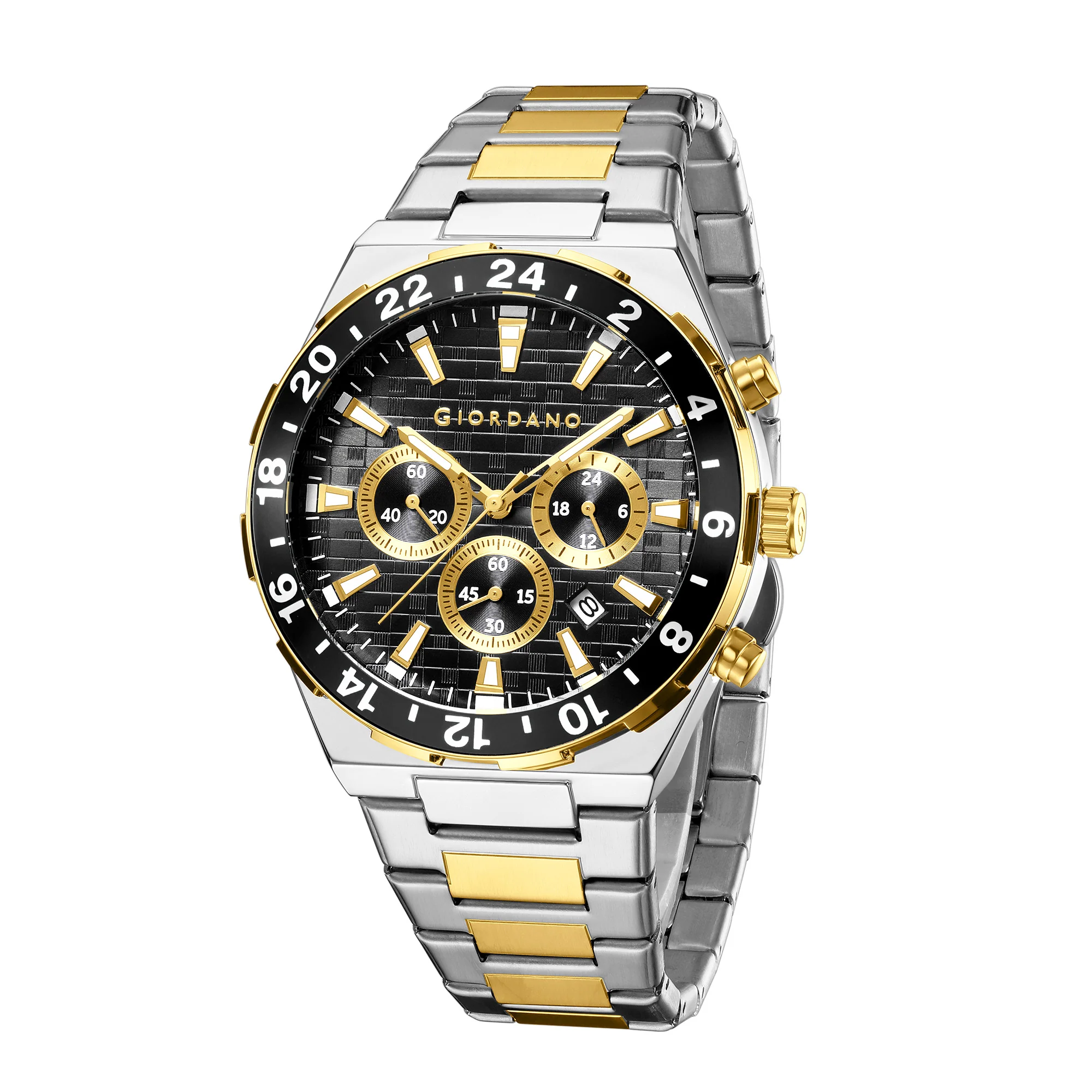 Giordano Chronograph Watch for Men with Texured Round Black Dial with Gold Accents, Date Display and Tachymeter Bezel, Two-Tone Stainless Steel Strap - GZ-50198-33 - Image 4