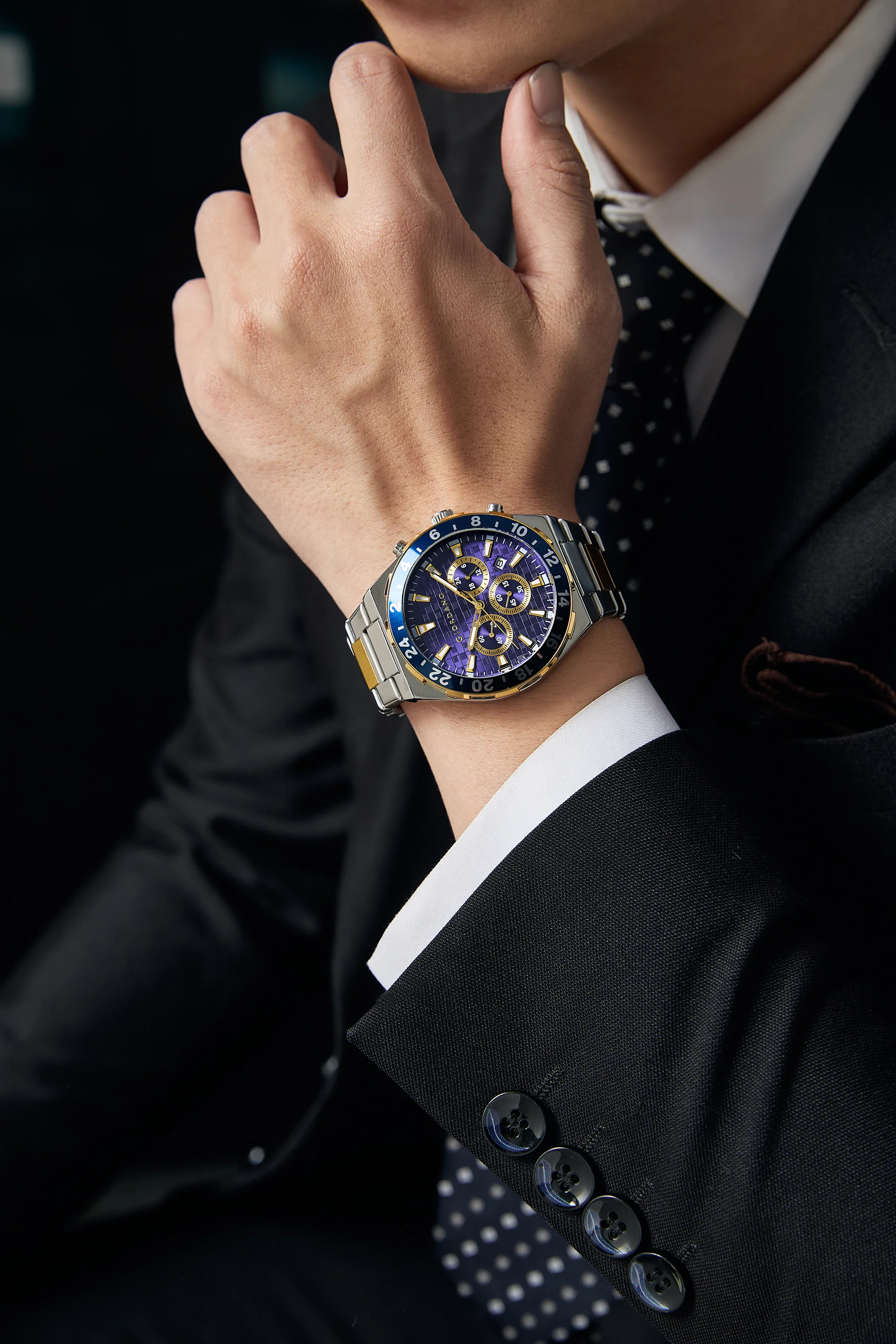 Giordano Chronograph Watch for Men with Texured Round Blue Dial with Gold Accents, Date Display and Tachymeter Bezel, Two-Tone Stainless Steel Strap - GZ-50198-11 - Image 2