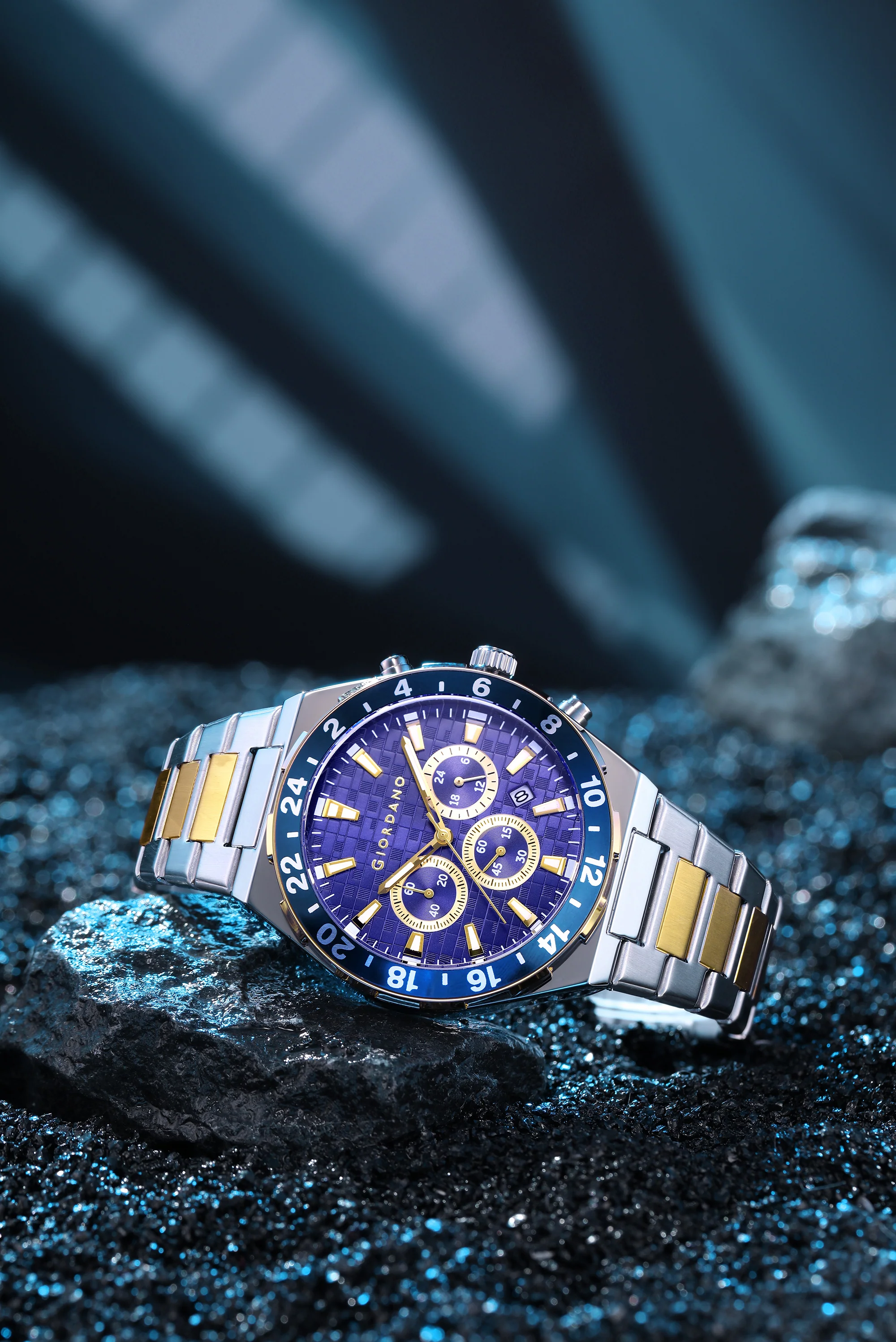 Giordano Chronograph Watch for Men with Texured Round Blue Dial with Gold Accents, Date Display and Tachymeter Bezel, Two-Tone Stainless Steel Strap - GZ-50198-11 - Image 3