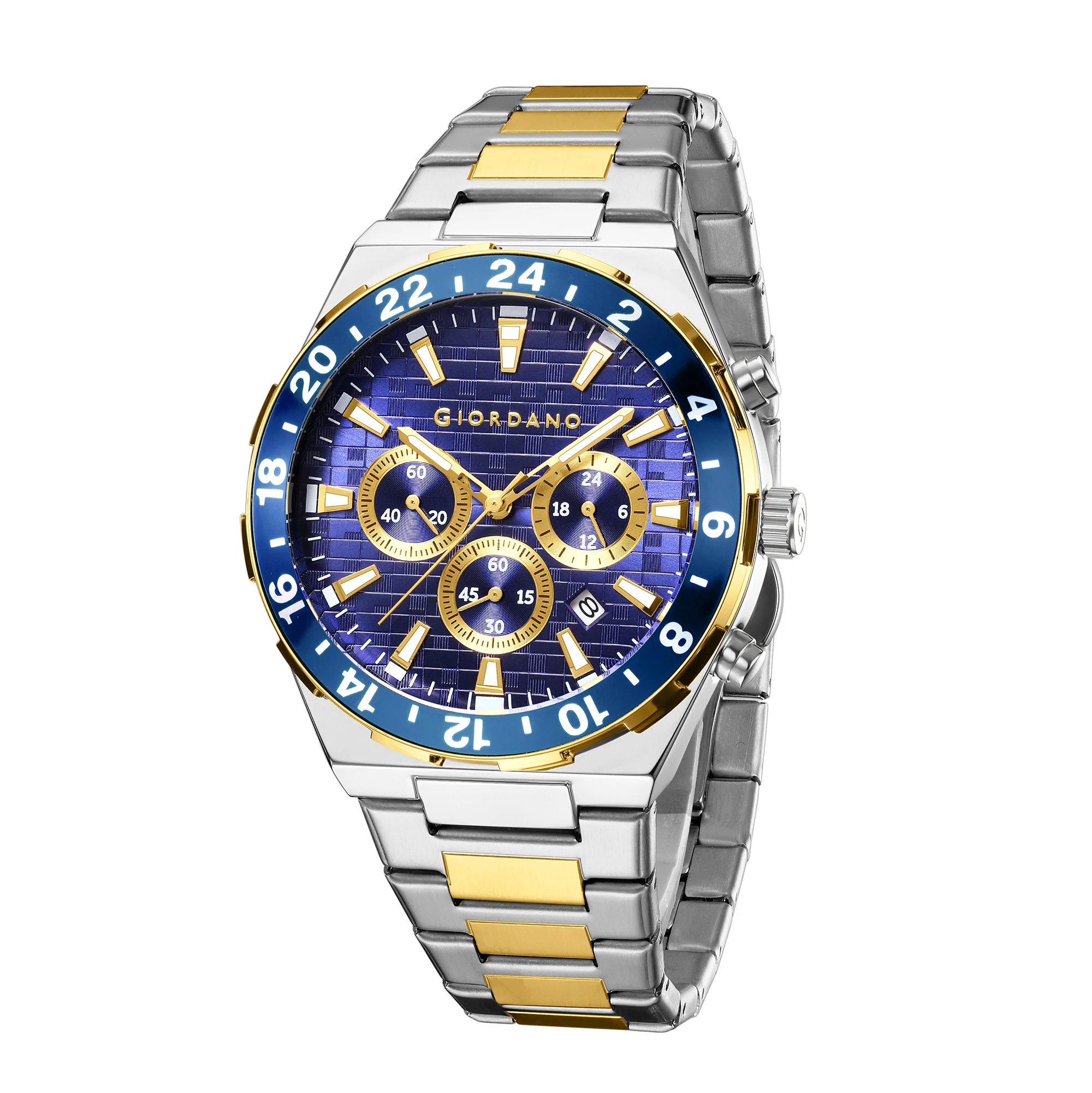Giordano Chronograph Watch for Men with Texured Round Blue Dial with Gold Accents, Date Display and Tachymeter Bezel, Two-Tone Stainless Steel Strap - GZ-50198-11 - Image 4