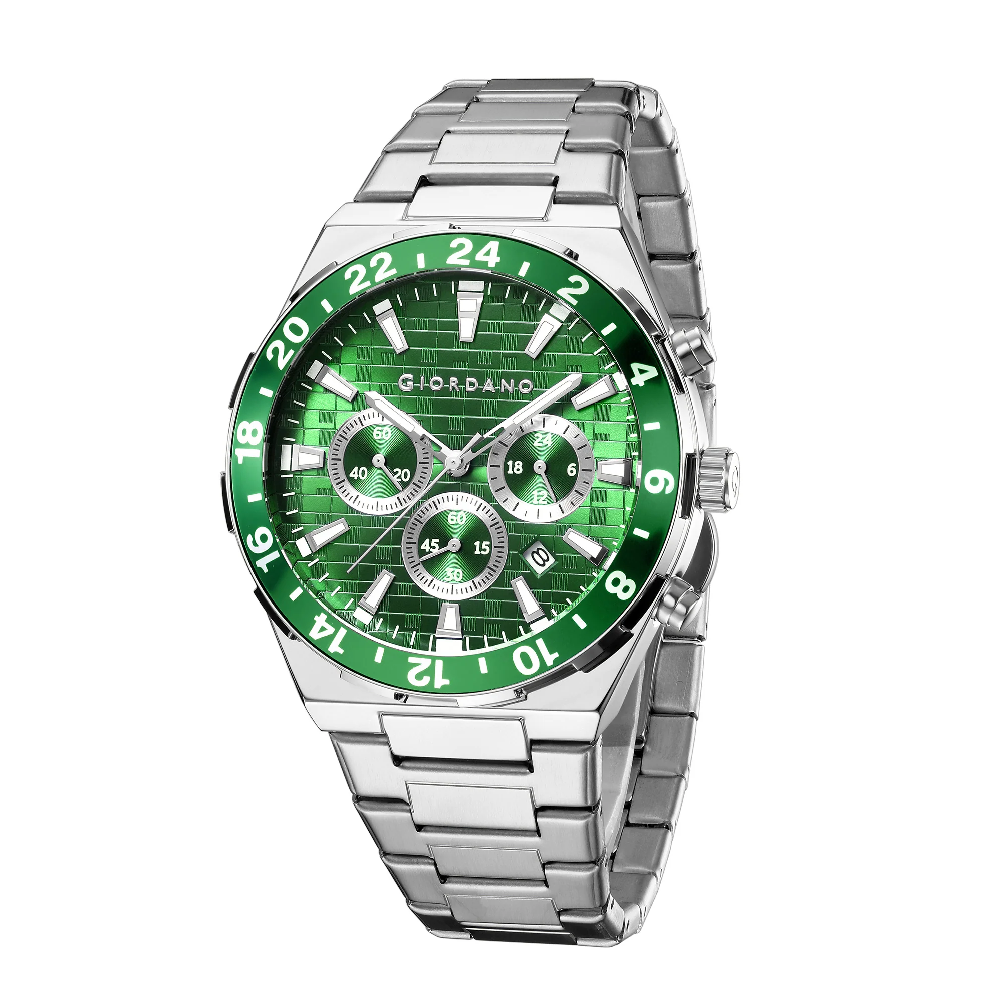 Giordano Chronograph Watch for Men with Texured Round Green Dial, Date Display and Tachymeter Bezel, Silver Stainless Steel Strap - GZ-50198-22 - Image 4