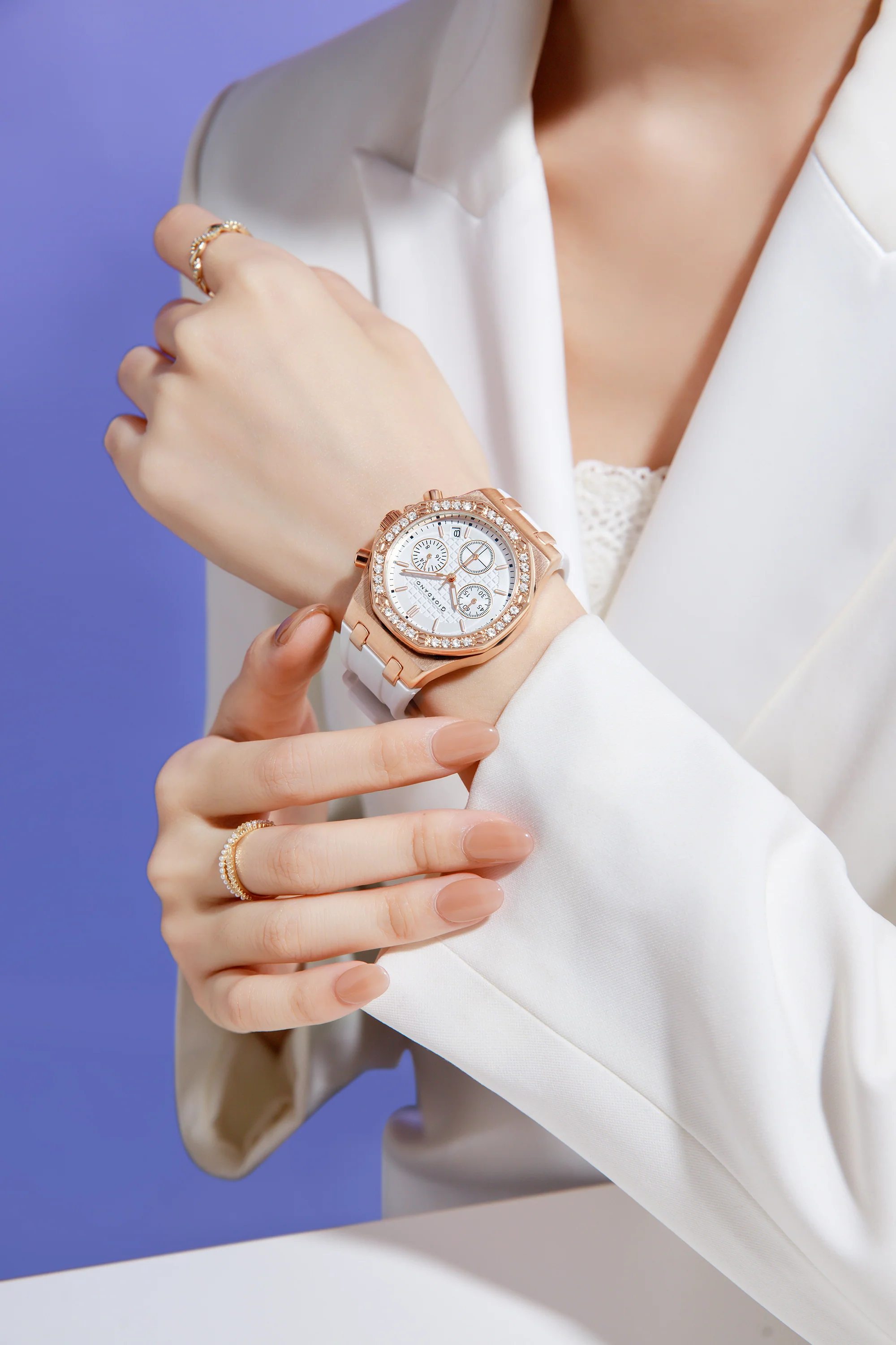 Giordano Chronograph Watch for Women | Stainless Steel Case, Crystal bezel | Modern & Stylish Timepiece with Comfortable Silicone Strap | GZ-50154-22 - Image 2