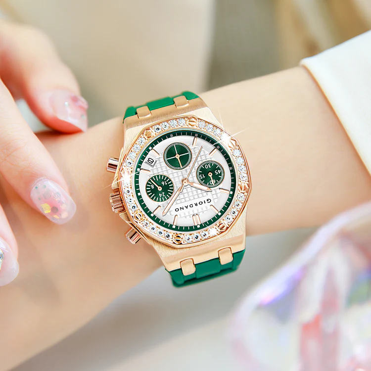 Giordano Chronograph Watch for Women | Stainless Steel Case, Crystal bezel | Modern & Stylish Timepiece with Comfortable Silicone Strap | GZ-50154-33 - Image 3