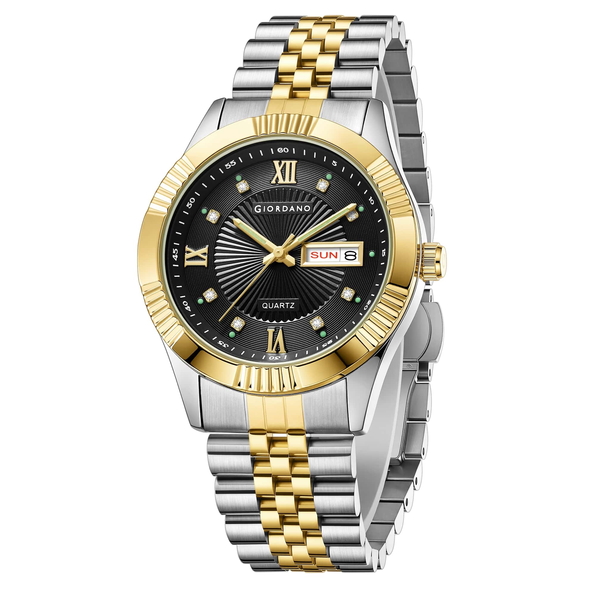 Giordano Classic Analog Quartz Watch for Men with Textured Dial, Fluted Bezel, Day & Date Display & Two-Tone Stainless Steel Strap - GZ-50215-11 - Image 5