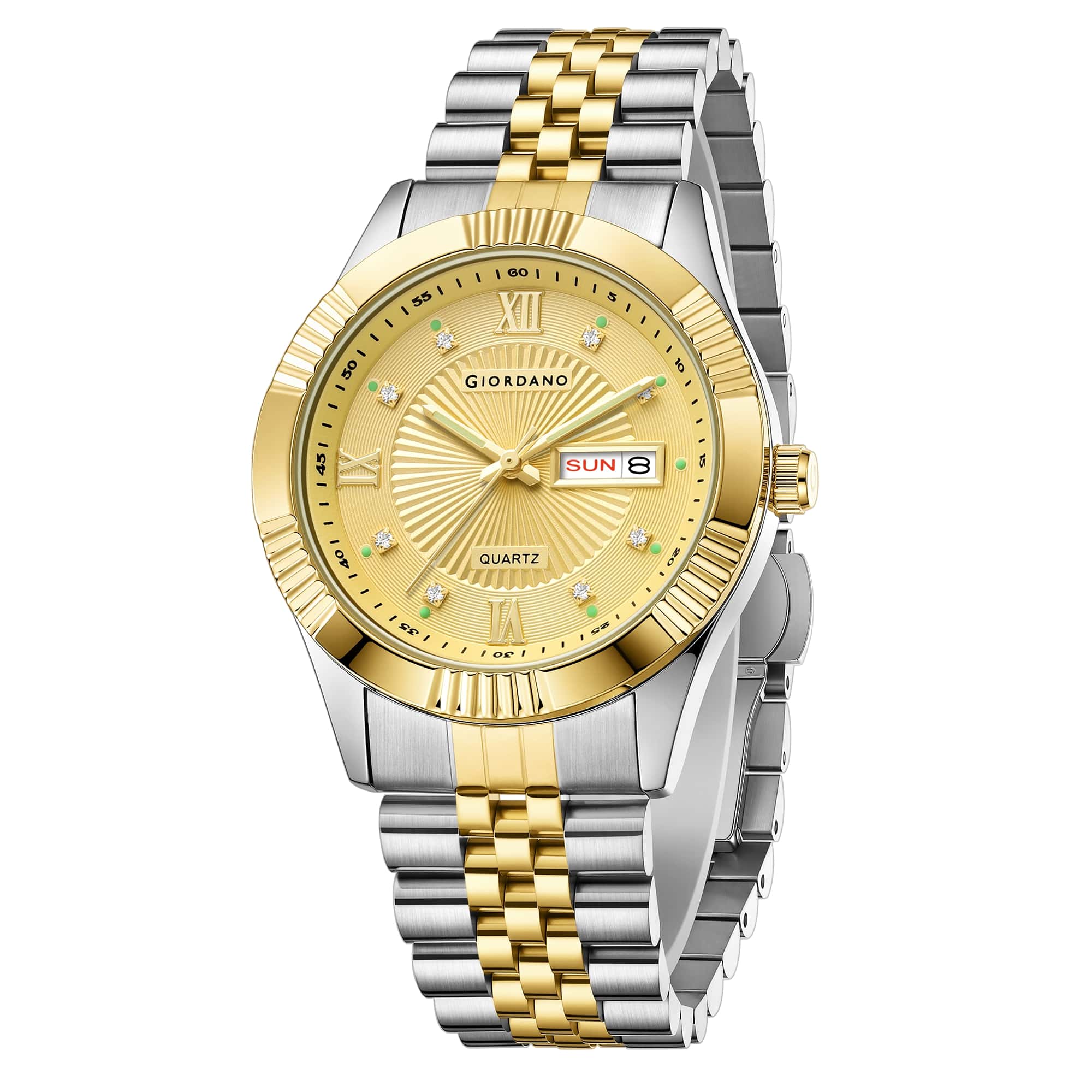 Giordano Classic Analog Quartz Watch for Men with Textured Dial, Fluted Bezel, Day & Date Display & Two-Tone Stainless Steel Strap - GZ-50215-22 - Image 5