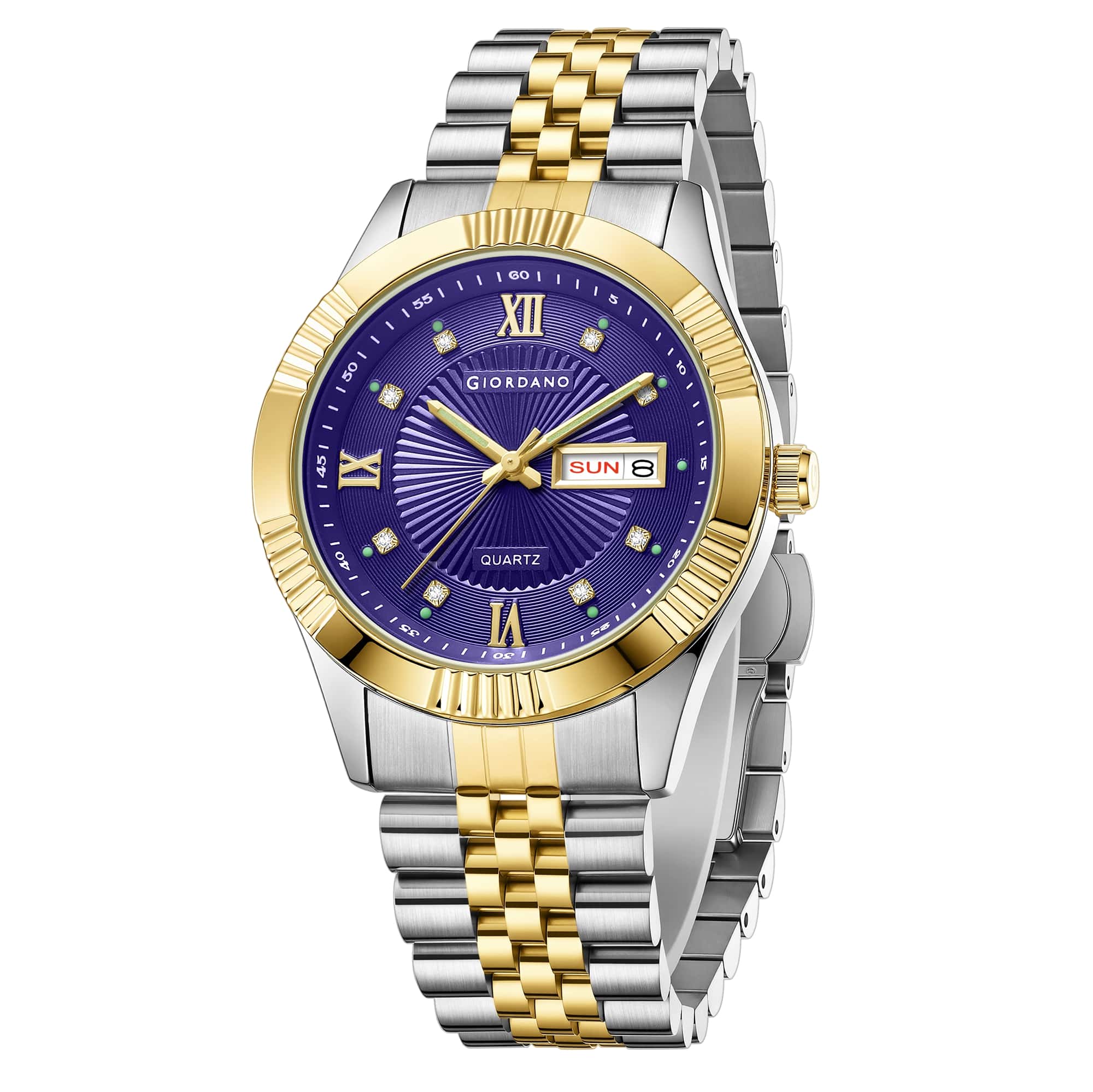 Giordano Classic Analog Quartz Watch for Men with Textured Dial, Fluted Bezel, Day & Date Display & Two-Tone Stainless Steel Strap - GZ-50215-44 - Image 5