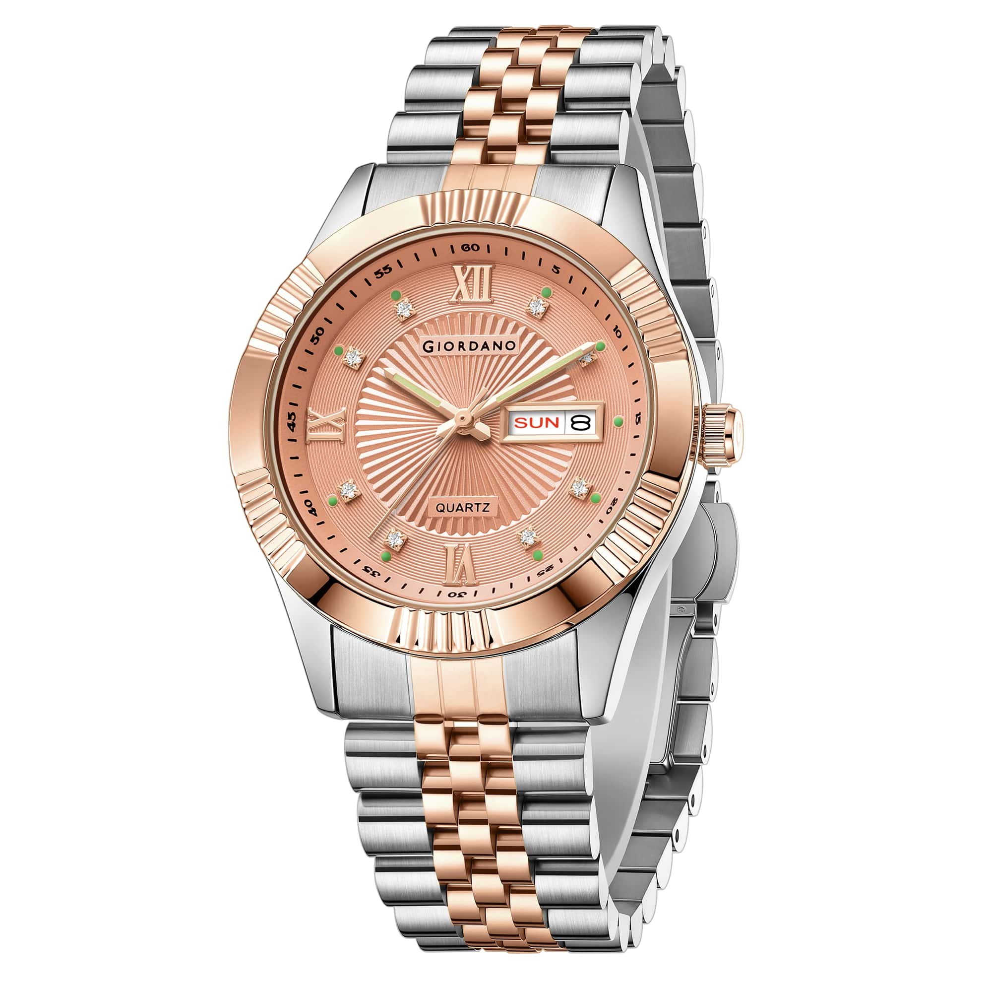 Giordano Classic Analog Quartz Watch for Men with Textured Dial, Fluted Bezel, Day & Date Display & Two-Tone Stainless Steel Strap - GZ-50215-55 - Image 5