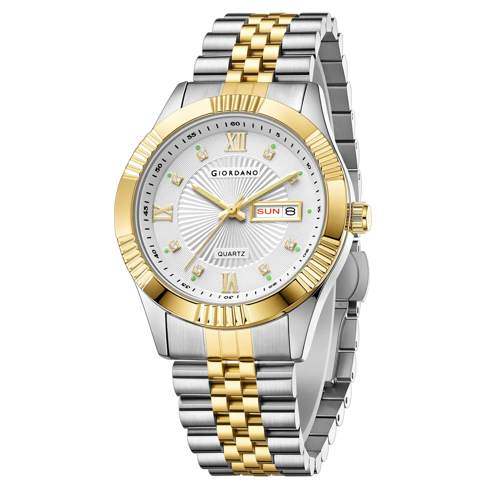 Giordano Classic Analog Quartz Watch for Men with Textured Dial, Fluted Bezel, Day & Date Display & Two-Tone Stainless Steel Strap - GZ-50215-66 - Image 5
