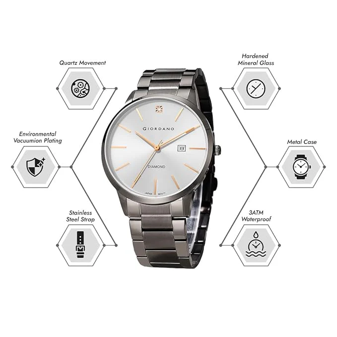 Giordano Classic Analog Watch for Men - Round Silver Dial with Diamond-Marked, Date Display & Black Stainless Steel Strap GZ-50101-55 - Image 4