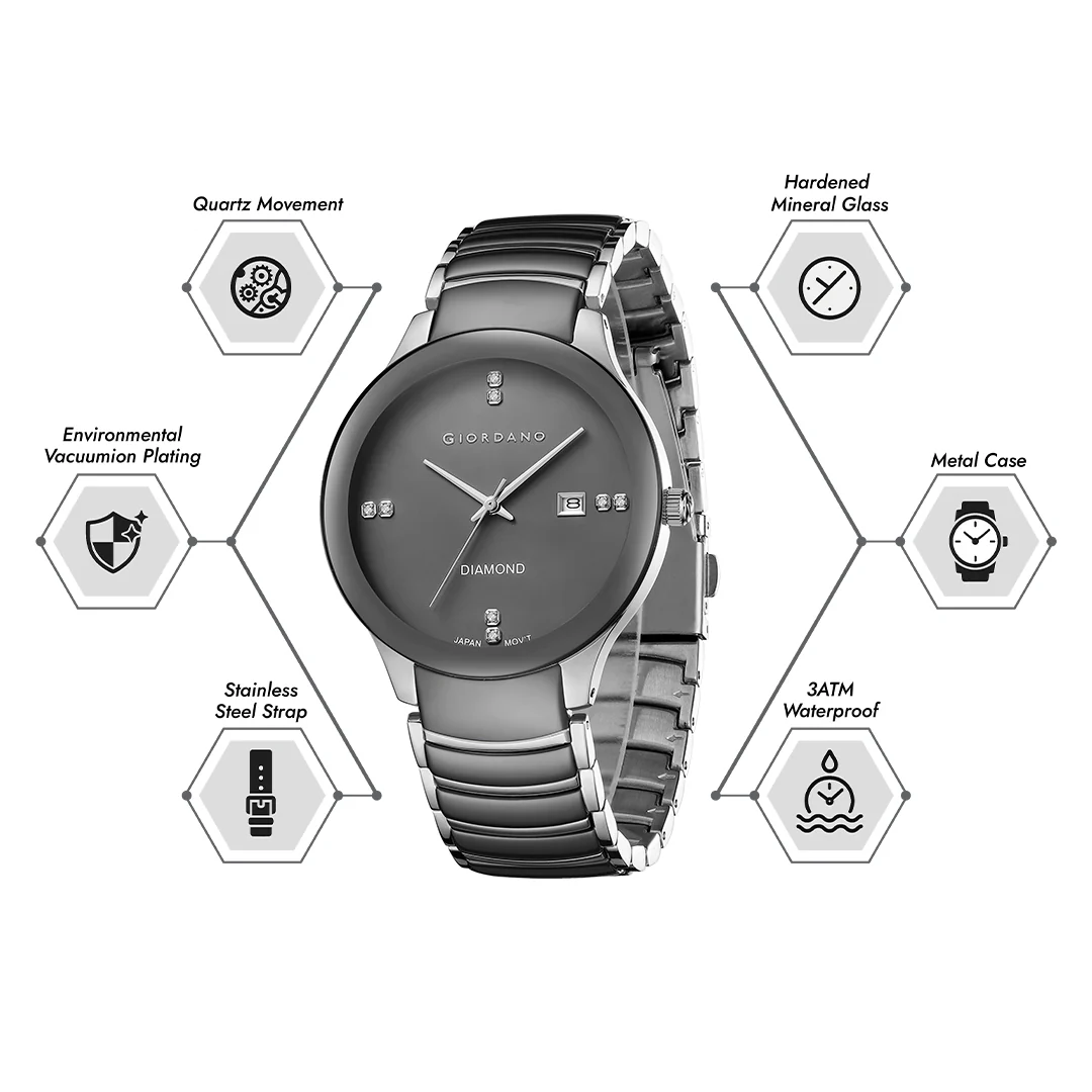 Giordano Classic Analog Watch for Men with Diamond Accents and Stainless Steel Strap GZ-50102-22 - Image 4