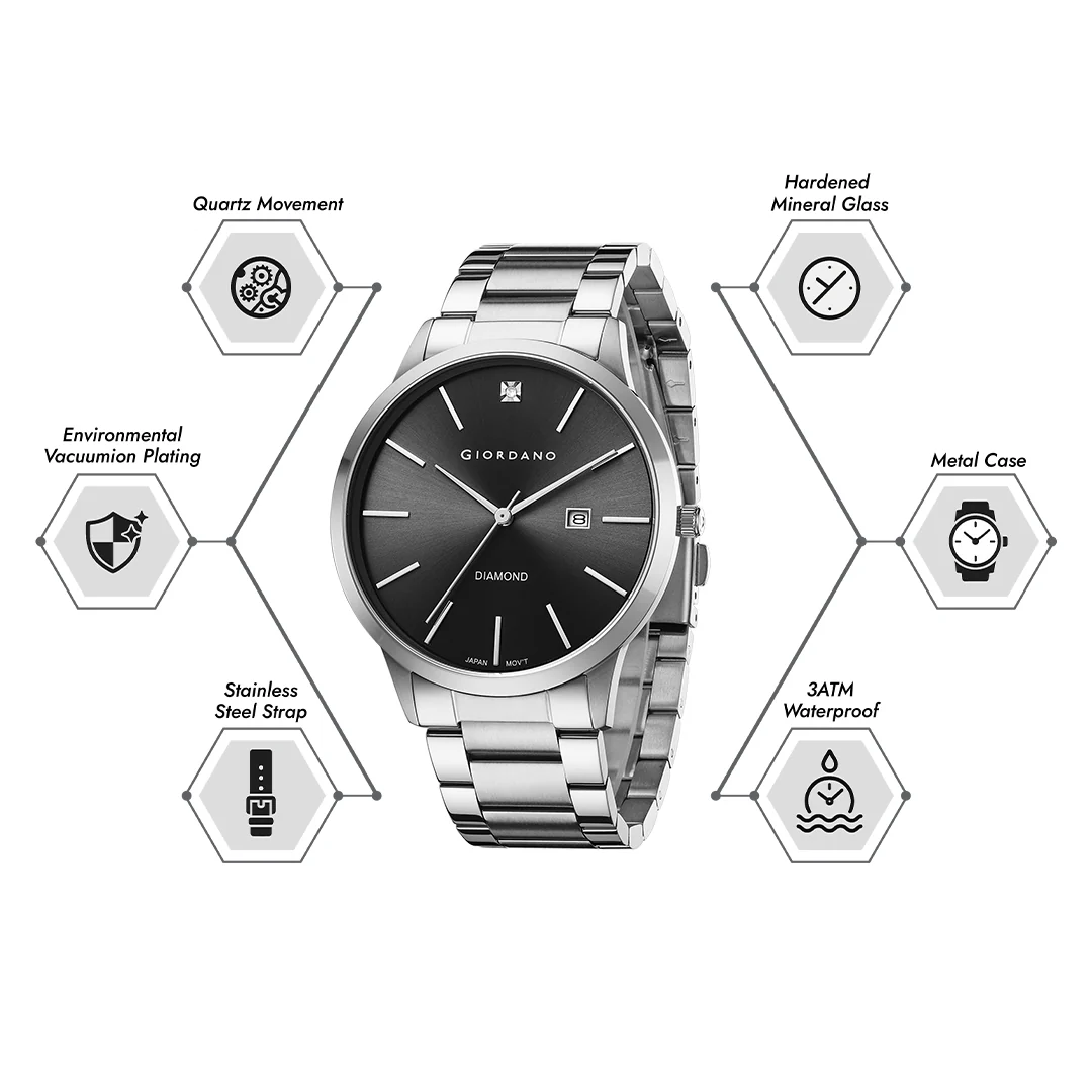Giordano Classic Analog Watch for Men with Diamond Marked Dial and Stainless Steel Strap | GZ-50101-11 - Image 4