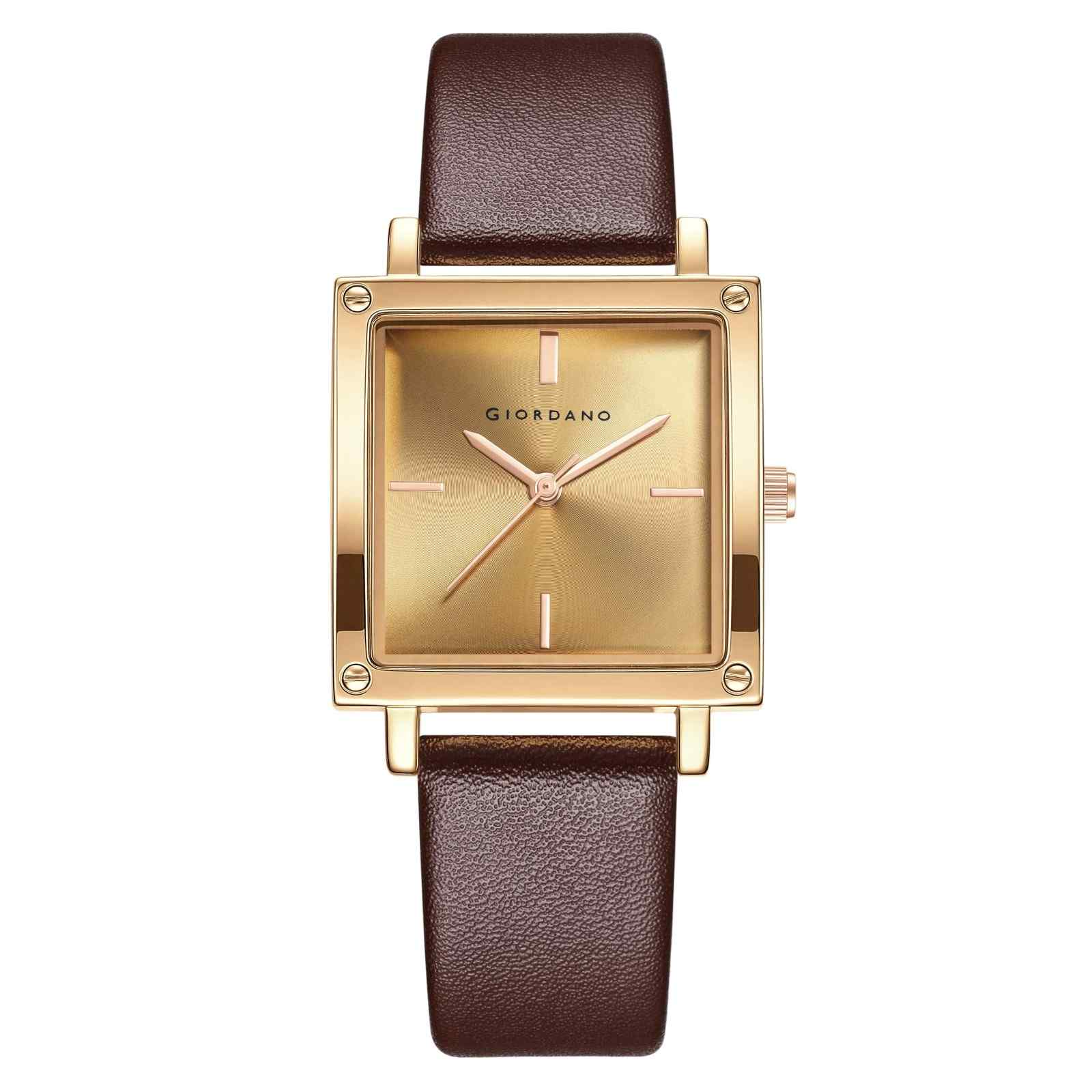 GIORDANO Classic Analog Watch for Women | Sunray Square Dial, Minimal Index Markers & Leather Strap - GZ-60124-01 - Image 5