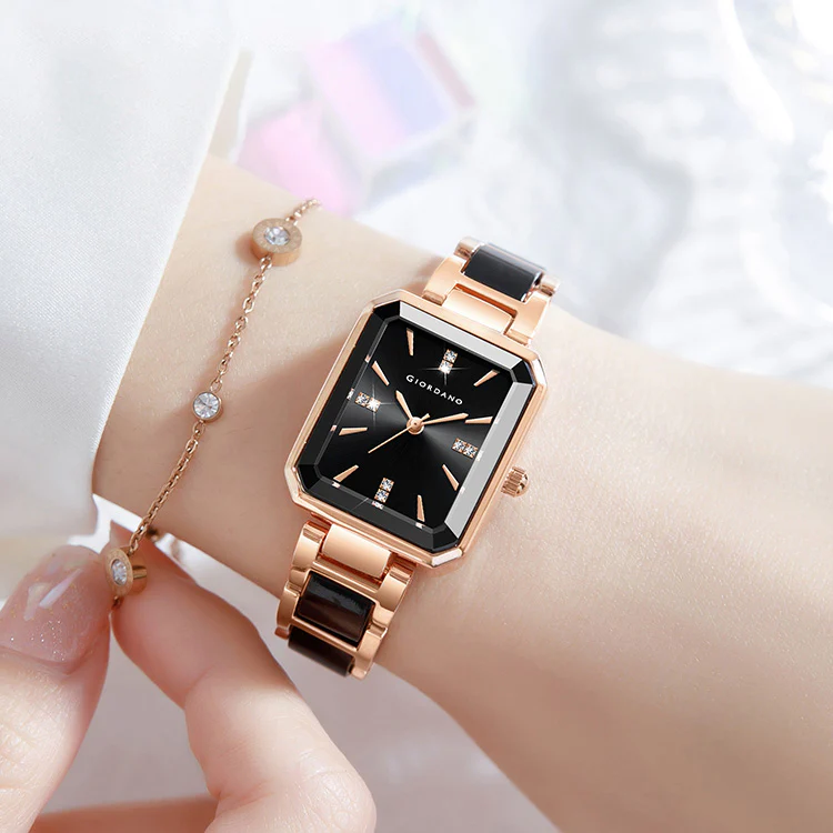 Giordano Classic  Rectangular Dial Watch for women with Crystal Markers and dual tone stainless steel Strap GZ-60101-11 - Image 2