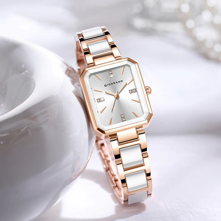 Giordano Classic  Rectangular Dial Watch for women with Crystal Markers and dual tone stainless steel Strap GZ-60101-33 - Image 3