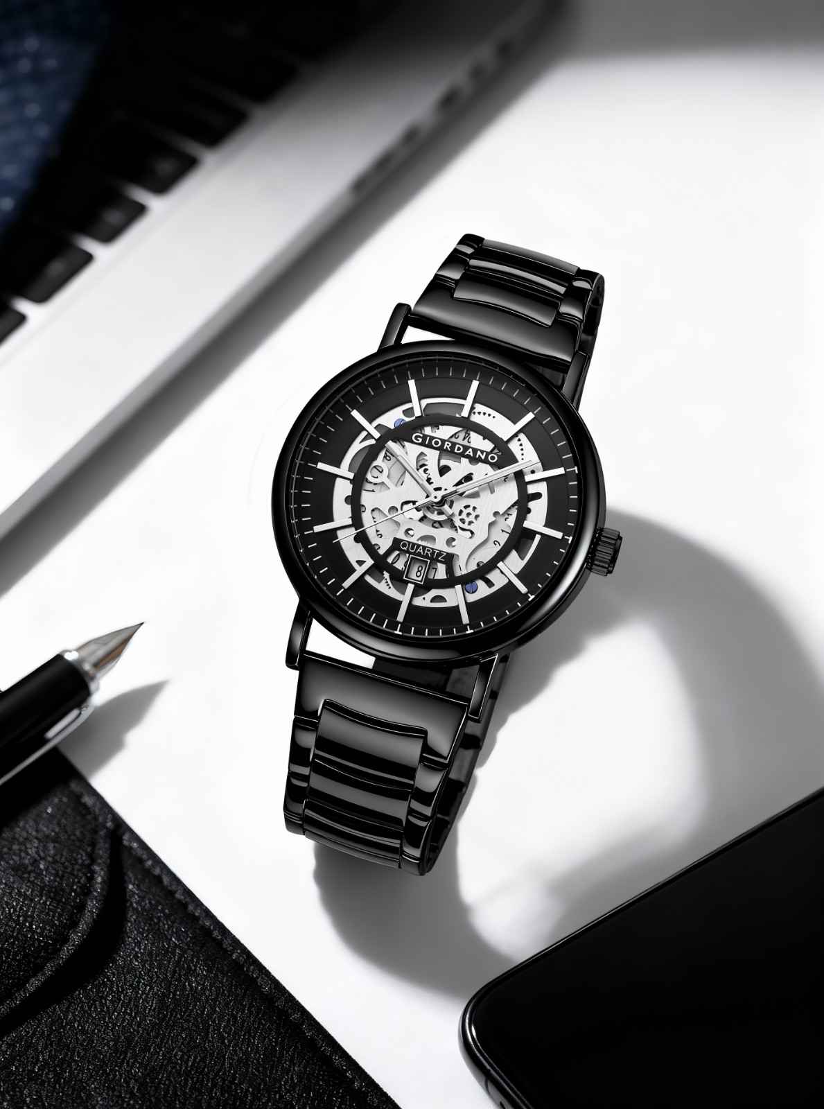 GIORDANO Classic Skeleton Design Watch for Men with Super Luminous Hands, Stainless Steel Strap, and Date Display - GZ-50182-11 - Image 4