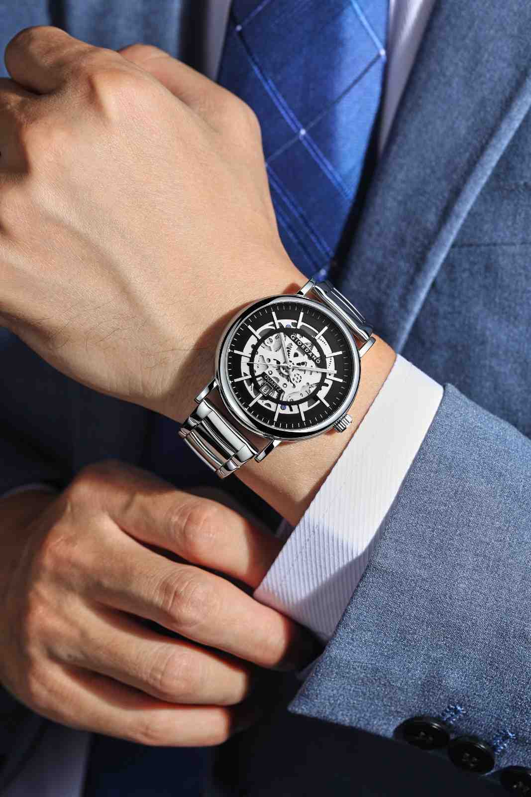 GIORDANO Classic Skeleton Design Watch for Men with Super Luminous Hands, Stainless Steel Strap, and Date Display - GZ-50182-22 - Image 2