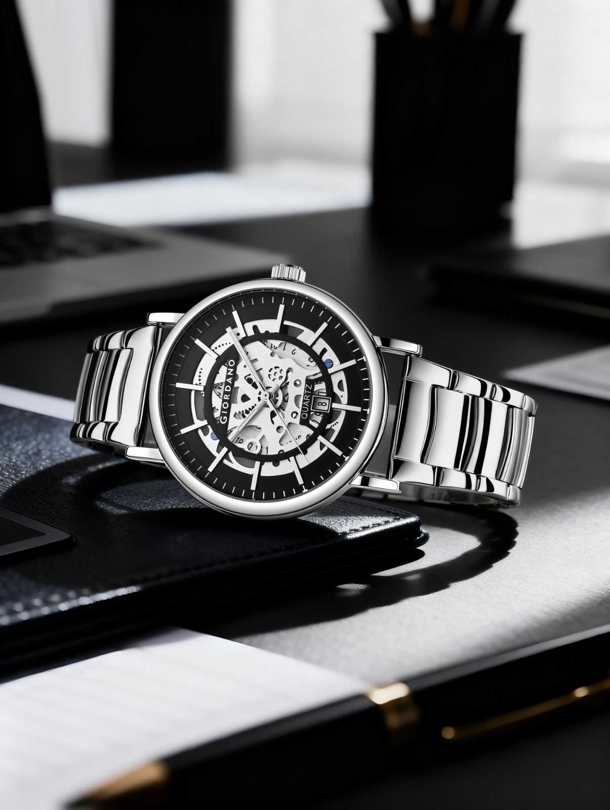 GIORDANO Classic Skeleton Design Watch for Men with Super Luminous Hands, Stainless Steel Strap, and Date Display - GZ-50182-22 - Image 3