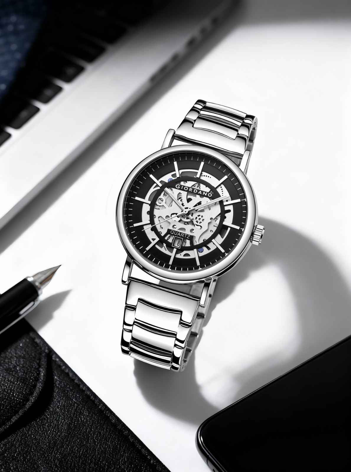 GIORDANO Classic Skeleton Design Watch for Men with Super Luminous Hands, Stainless Steel Strap, and Date Display - GZ-50182-22 - Image 4