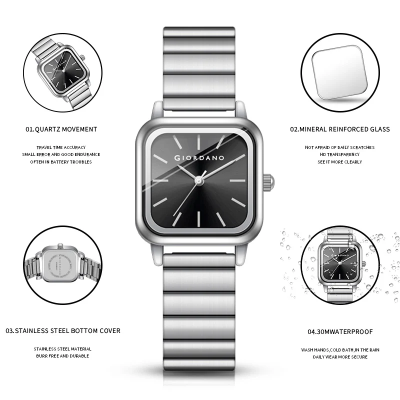 Giordano Classic Square Watch for Women – Polished Stainless Steel Strap, Minimalist Compact Design | GZ-60098-11 - Image 5