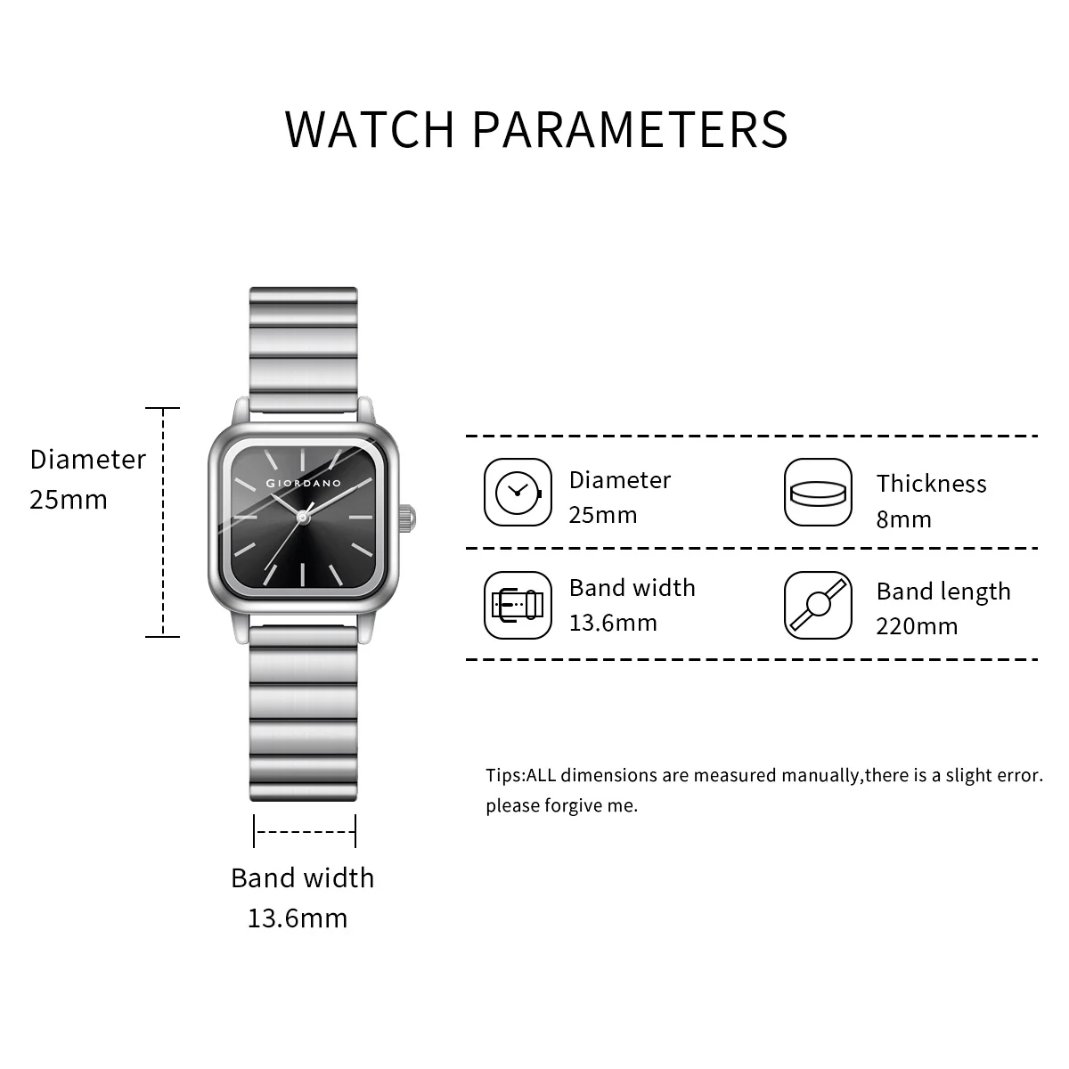Giordano Classic Square Watch for Women – Polished Stainless Steel Strap, Minimalist Compact Design | GZ-60098-11 - Image 6