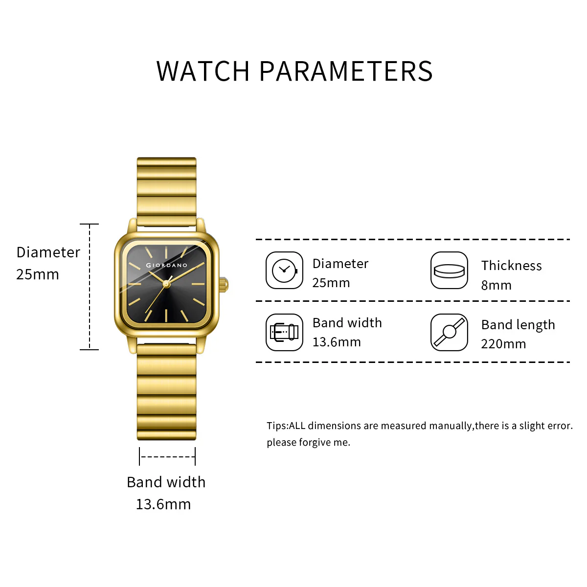 Giordano Classic Square Watch for Women – Polished Stainless Steel Strap, Minimalist Compact Design | GZ-60098-22 - Image 5