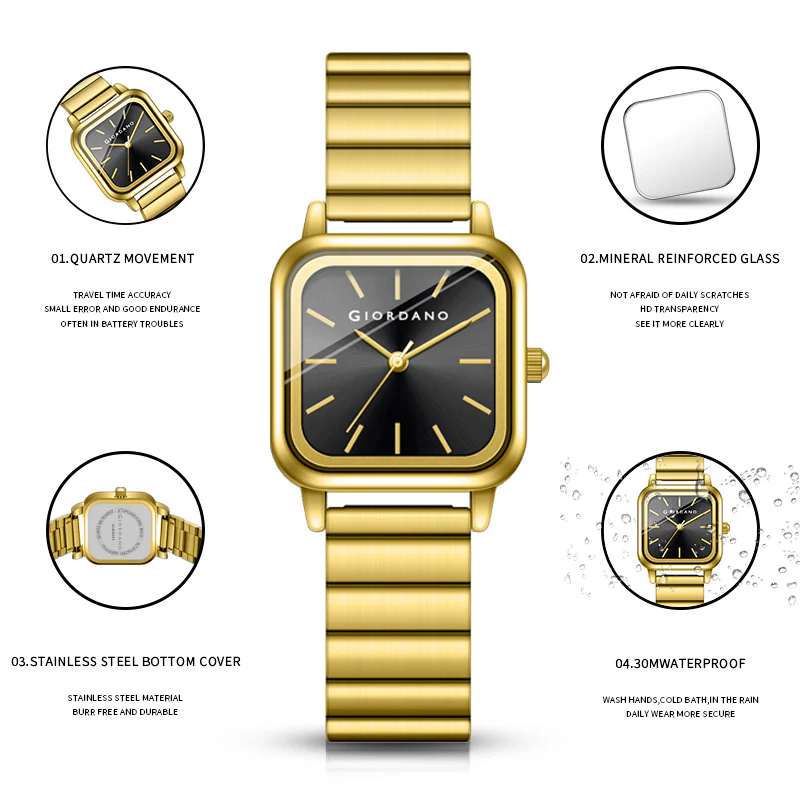 Giordano Classic Square Watch for Women – Polished Stainless Steel Strap, Minimalist Compact Design | GZ-60098-22 - Image 6