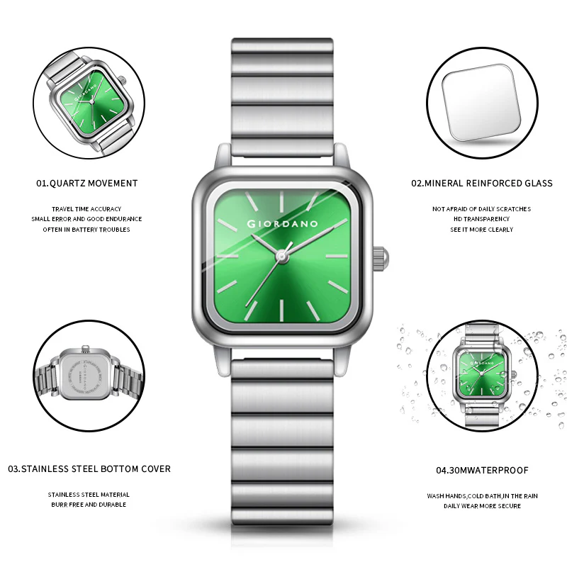 Giordano Classic Square Watch for Women – Polished Stainless Steel Strap, Minimalist Compact Design | GZ-60098-33 - Image 10