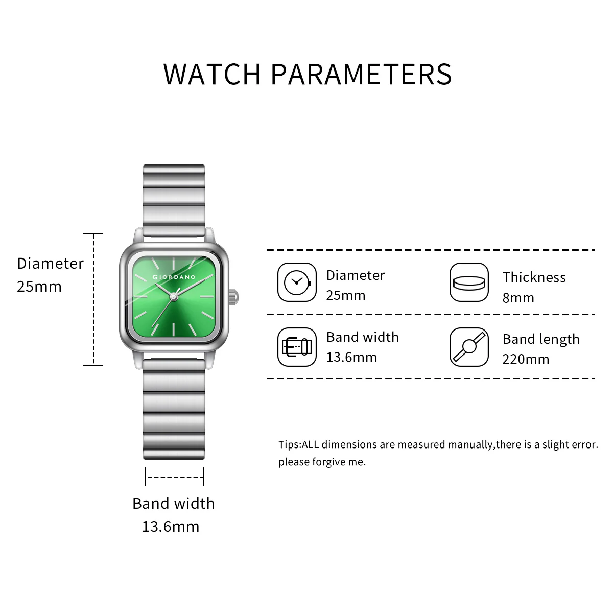Giordano Classic Square Watch for Women – Polished Stainless Steel Strap, Minimalist Compact Design | GZ-60098-33 - Image 9