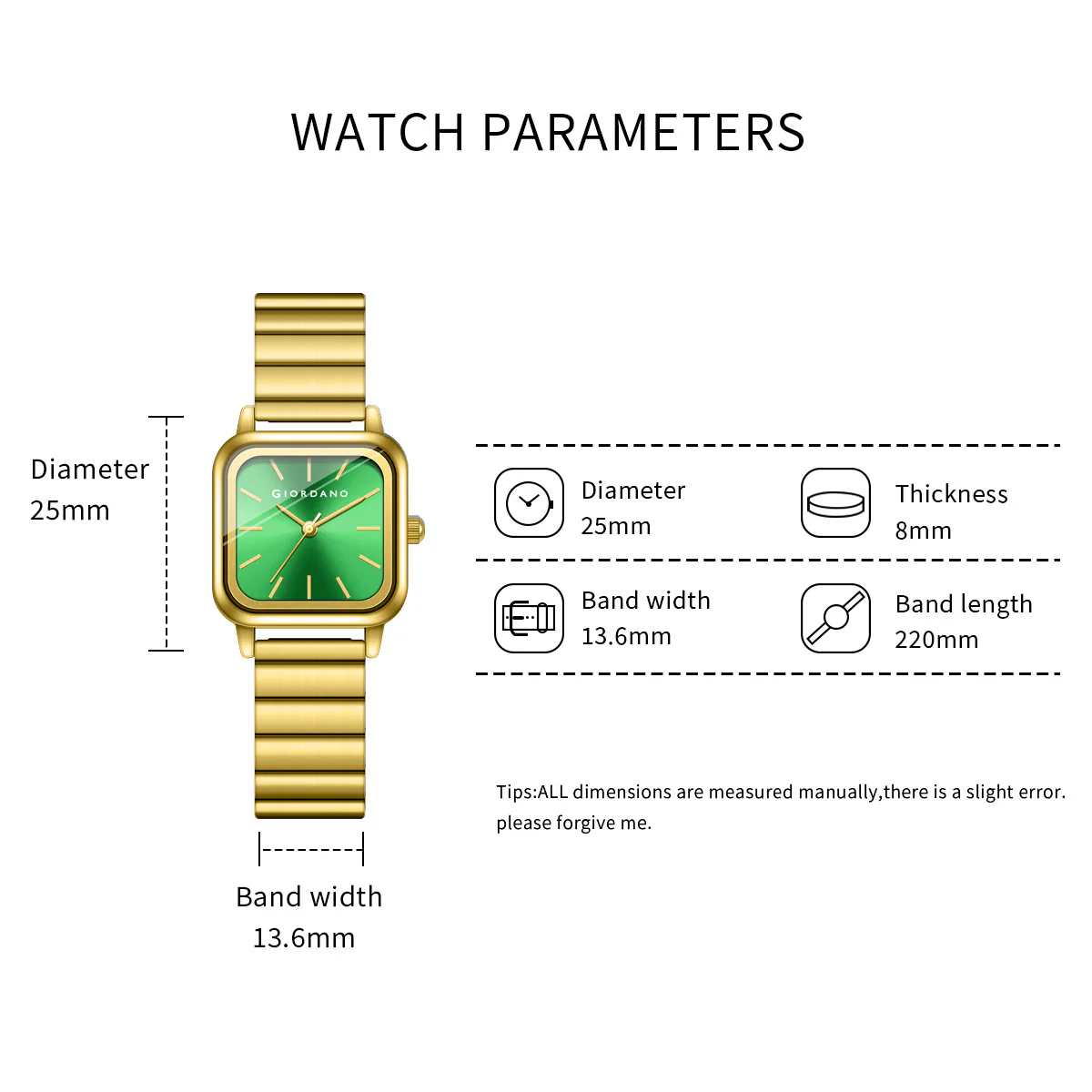 Giordano Classic Square Watch for Women – Polished Stainless Steel Strap, Minimalist Compact Design | GZ-60098-44 - Image 8
