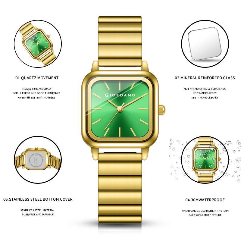 Giordano Classic Square Watch for Women – Polished Stainless Steel Strap, Minimalist Compact Design | GZ-60098-44 - Image 9