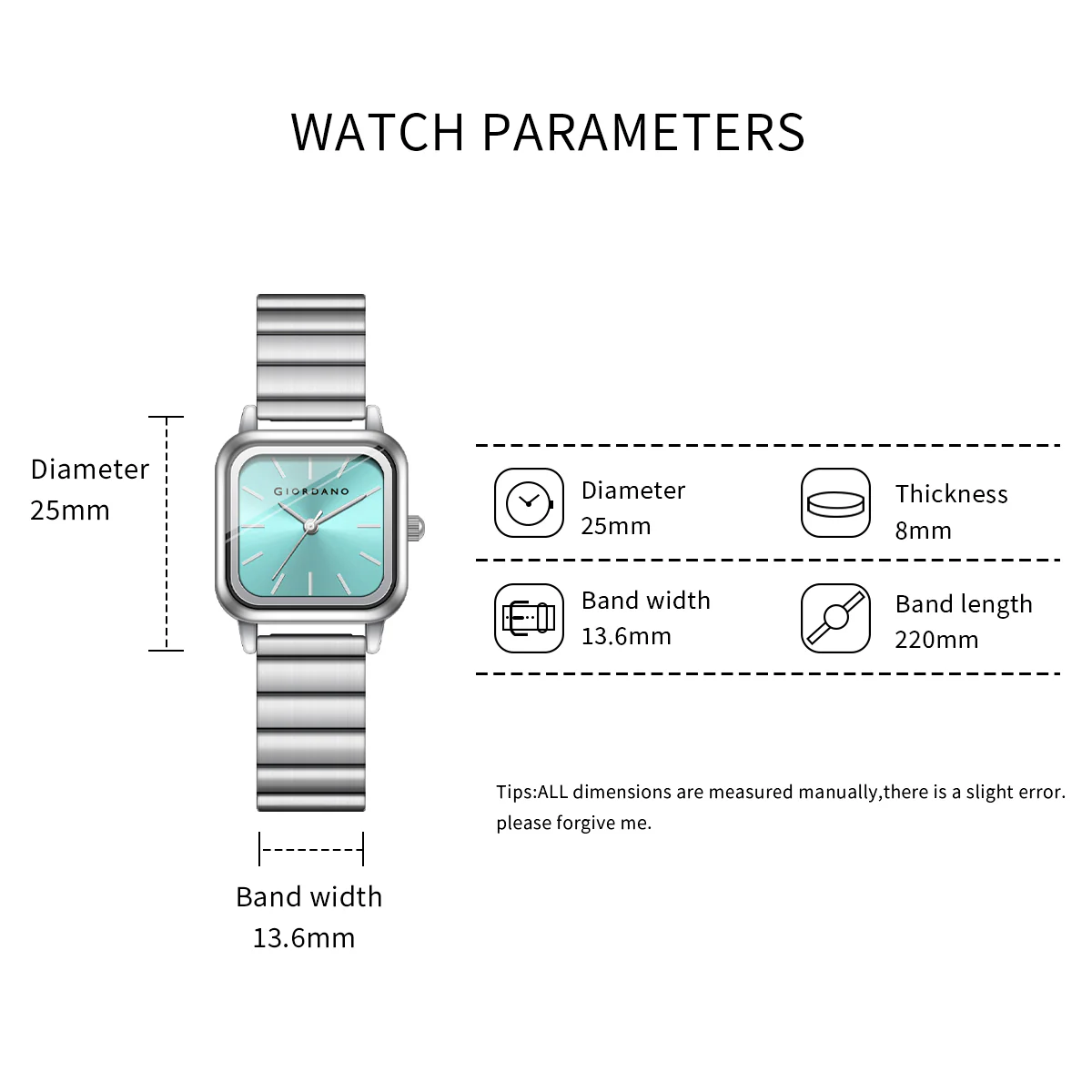 Giordano Classic Square Watch for Women – Polished Stainless Steel Strap, Minimalist Compact Design | GZ-60098-55 - Image 7