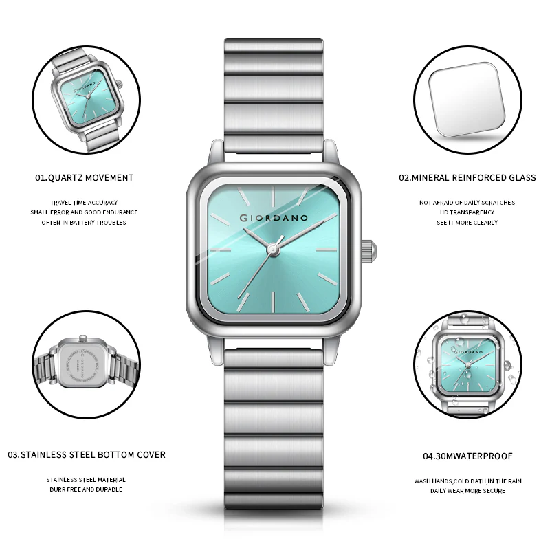 Giordano Classic Square Watch for Women – Polished Stainless Steel Strap, Minimalist Compact Design | GZ-60098-55 - Image 8