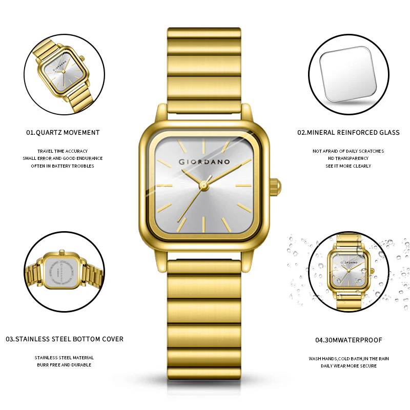 Giordano Classic Square Watch for Women – Polished Stainless Steel Strap, Minimalist Compact Design | GZ-60098-66 - Image 9
