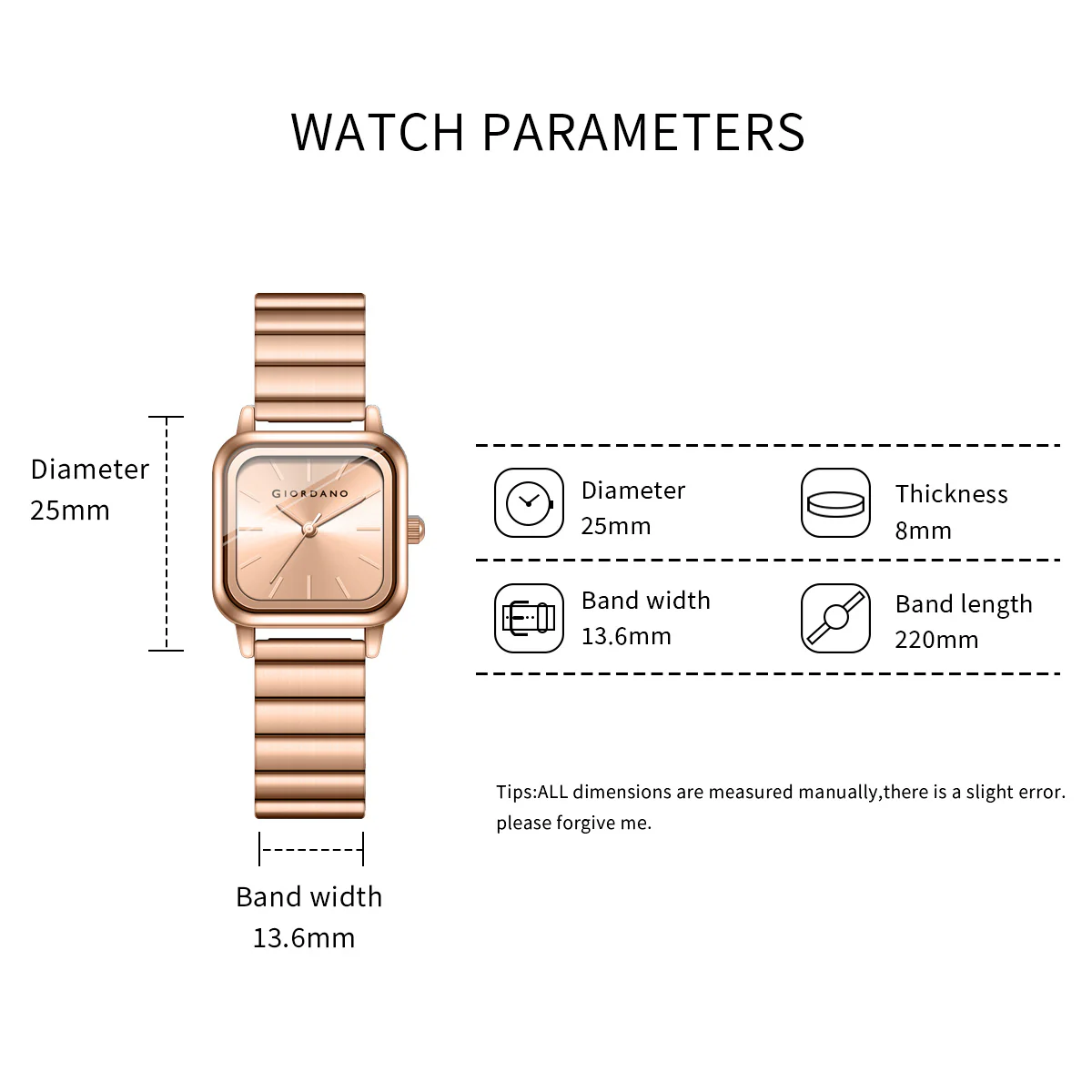Giordano Classic Square Watch for Women – Polished Stainless Steel Strap, Minimalist Compact Design | GZ-60098-77 - Image 5